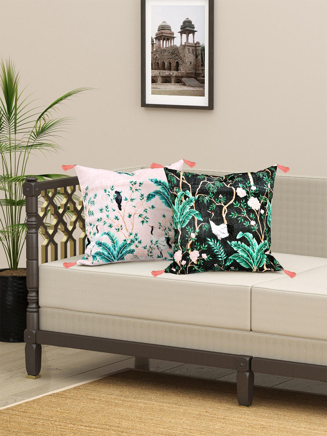 EverHOME Peach & Black 2 Pieces Floral Velvet Square Cushion Covers