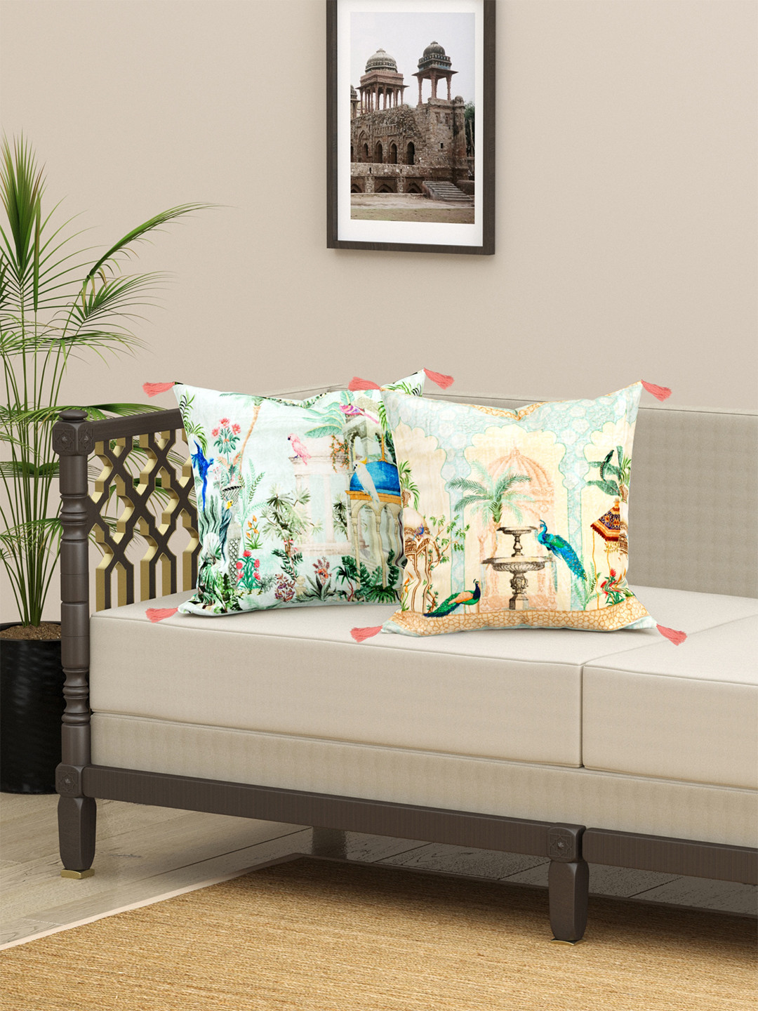 EverHOME Blue & Green 2 Pieces Floral Velvet Square Cushion Covers