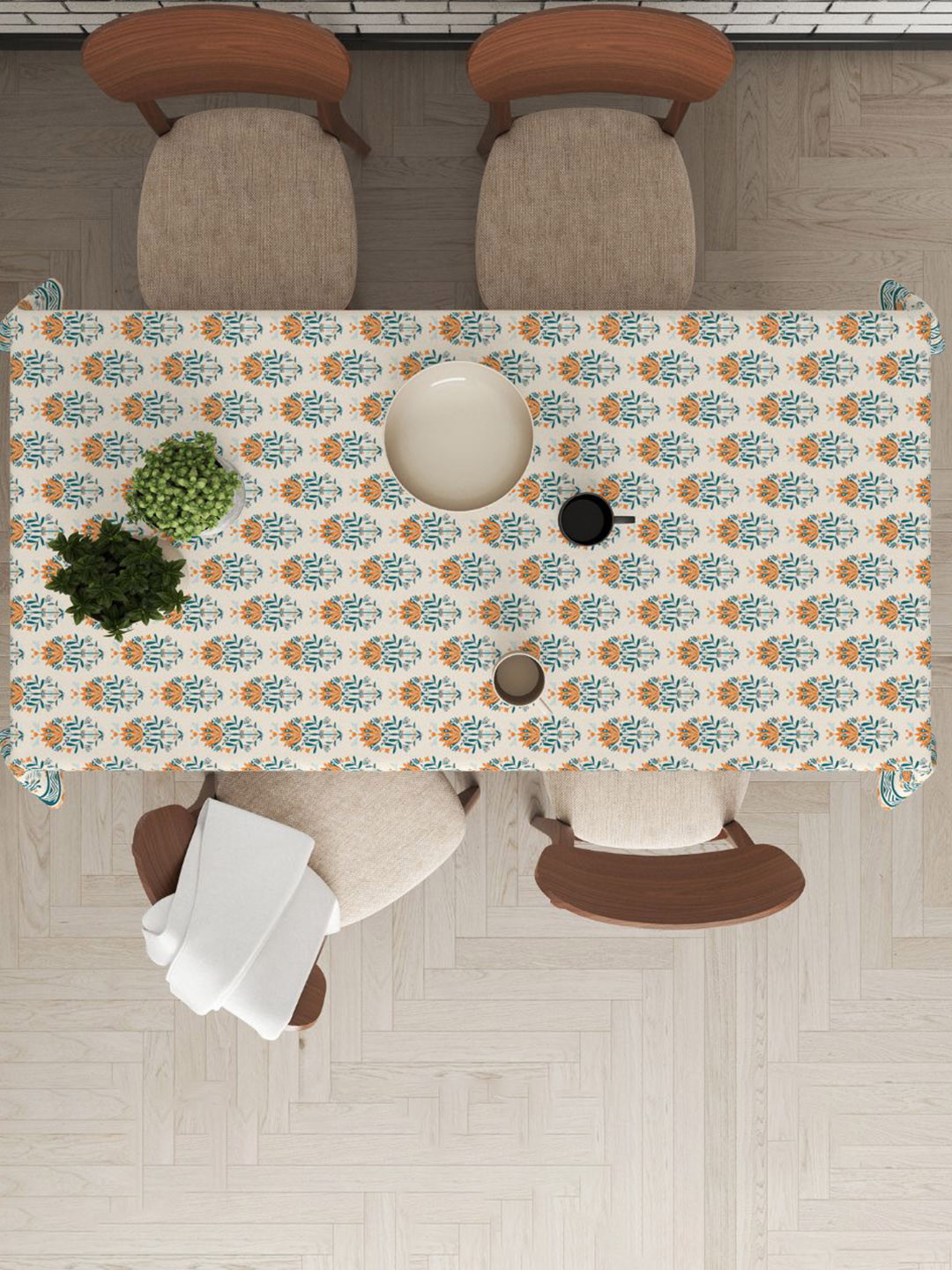 Astitva Cream-Coloured & Blue Ethnic Printed Pure Cotton 8-Seater Table Covers