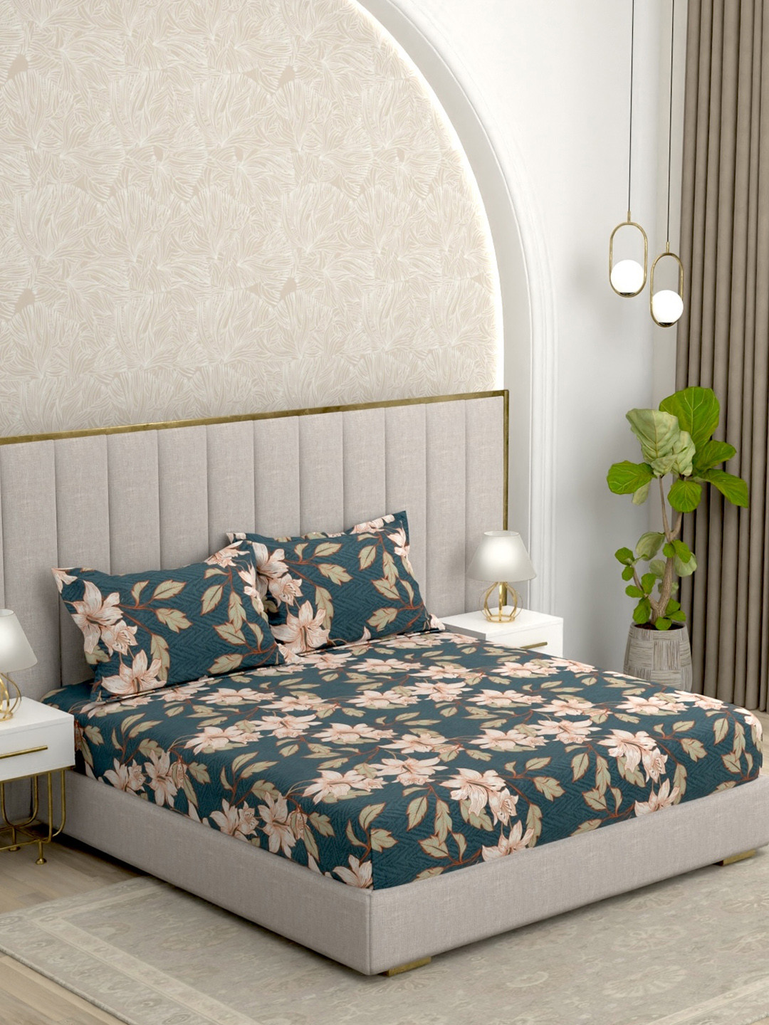 Pure Decor Amulya Blue Floral Polycotton 260 TC Queen Fine Bedsheet with 2 Pillow Covers-90 x 100 inches