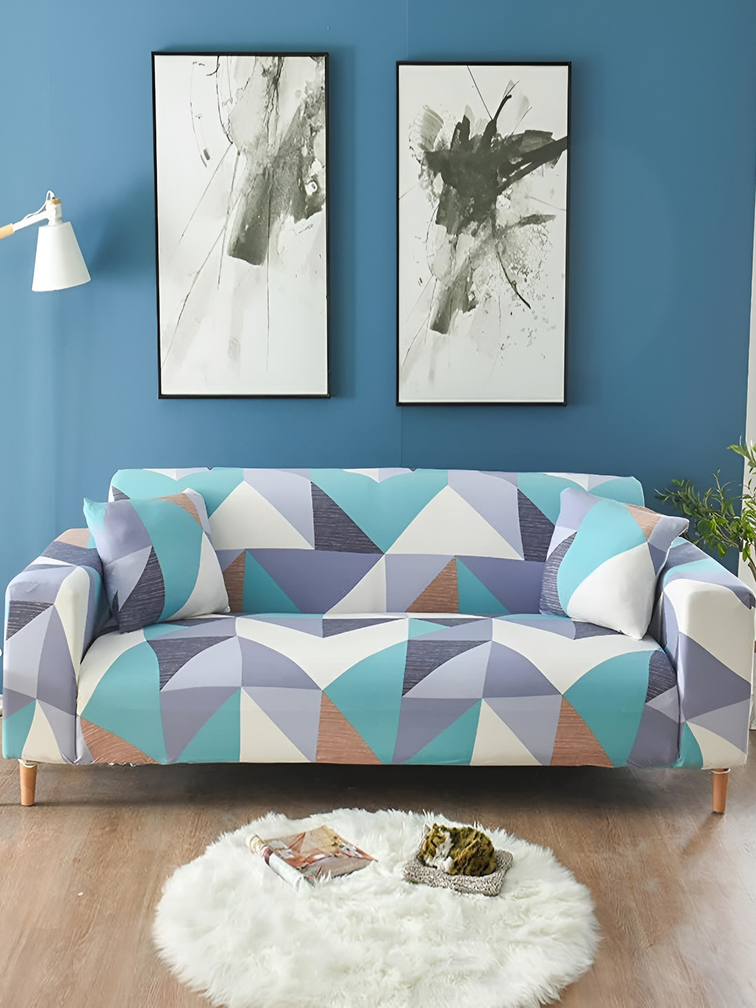 Lukzer Blue & Grey Printed 2 Seater Sofa Cover