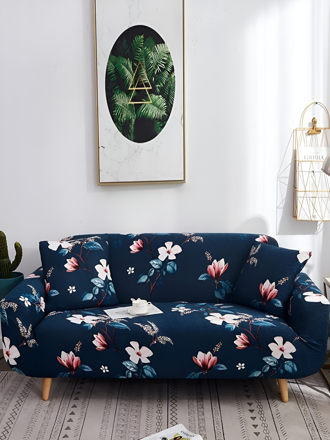 Lukzer Navy Blue & Pink Flower 3 Seater Sofa Cover With Arms