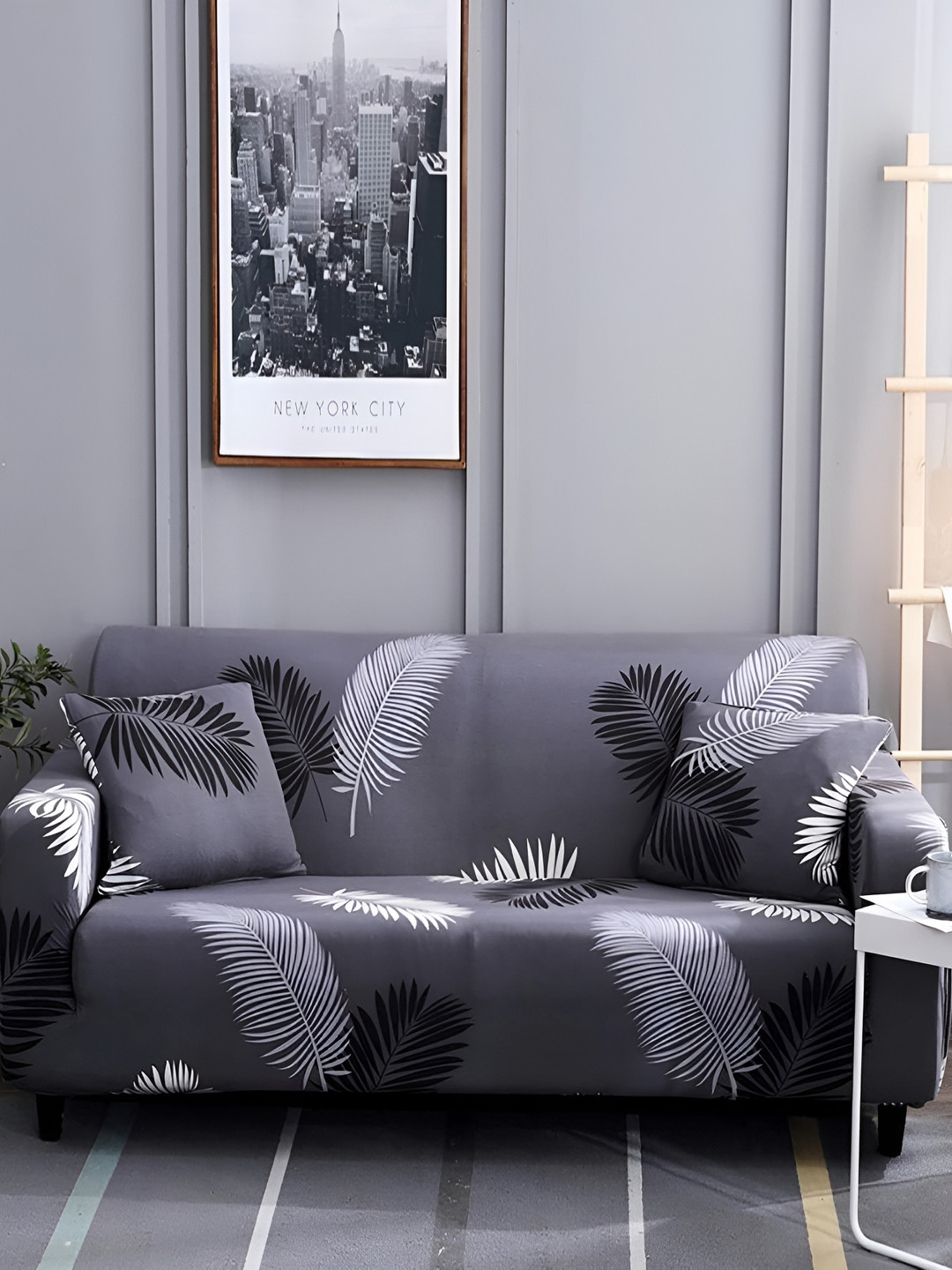 Lukzer Grey & White Leaves Design 1 Seater Sofa Cover With Arms