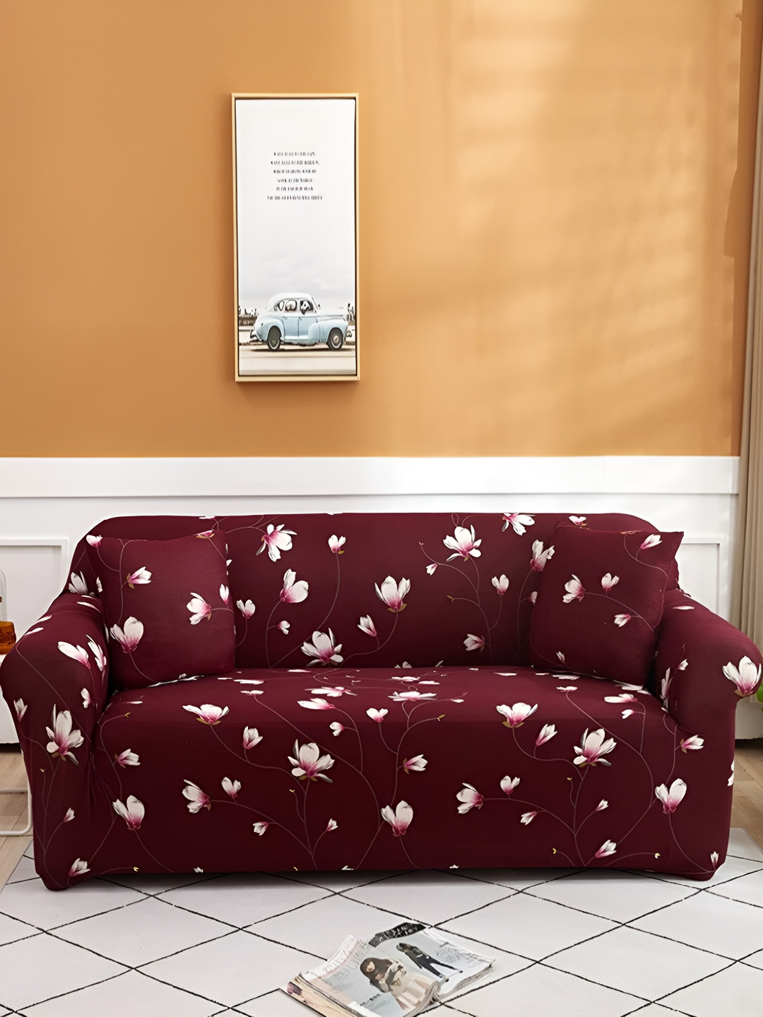 Lukzer Maroon & White Flower Design 3 Seater Sofa Cover With Arms
