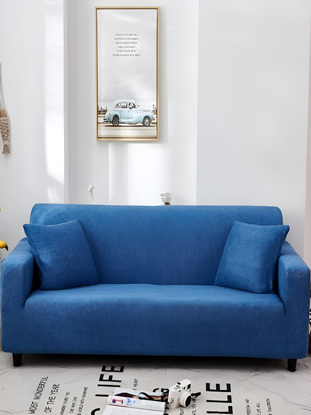 Lukzer Blue Printed 4 Seater Sofa Cover With Arms