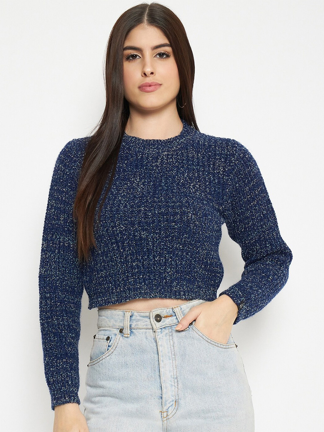 CREATIVE LINE Cable Knit Woollen Cropped Pullover
