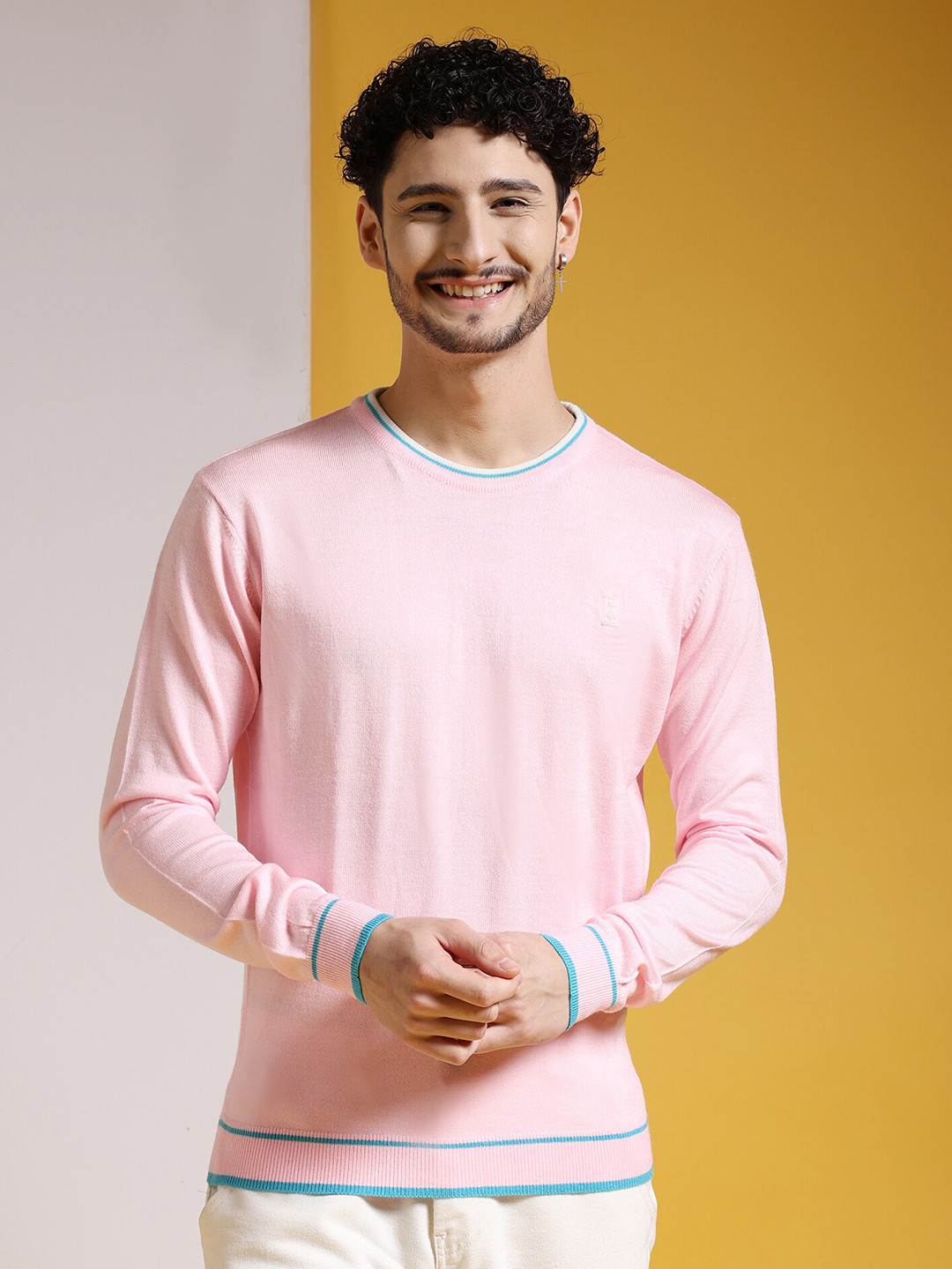 The Indian Garage Co Pink Round Neck Long Sleeves Acrylic Pullover Sweater