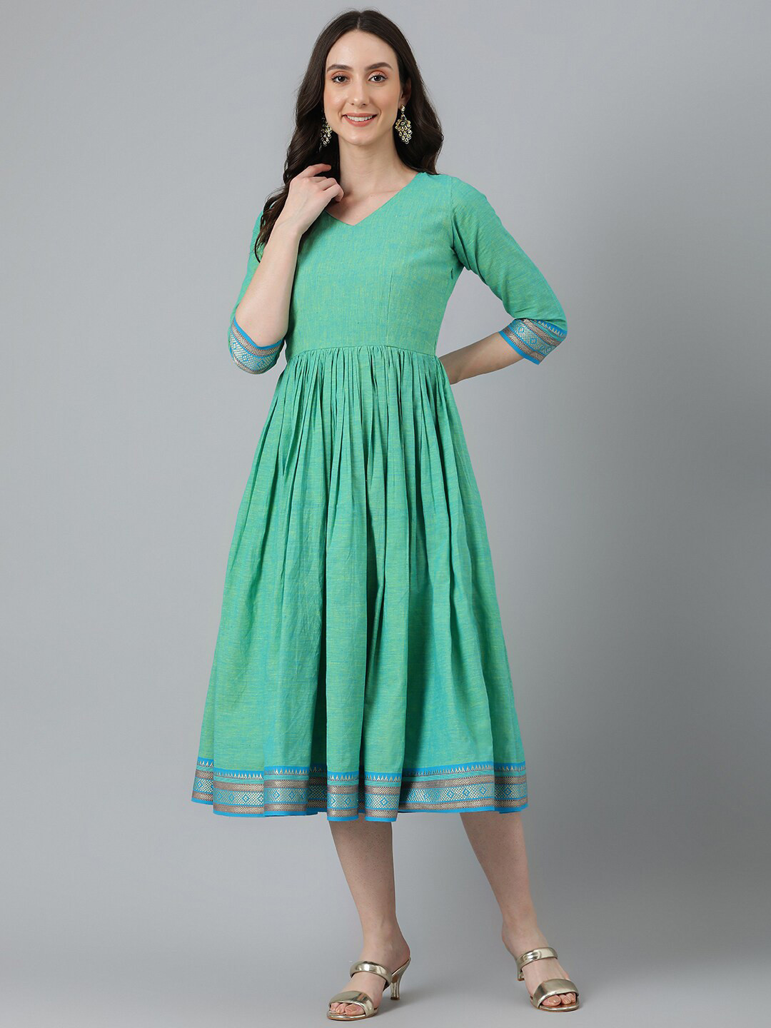 Vinya V-Neck Gathered Cotton Fit & Flare Midi Dress