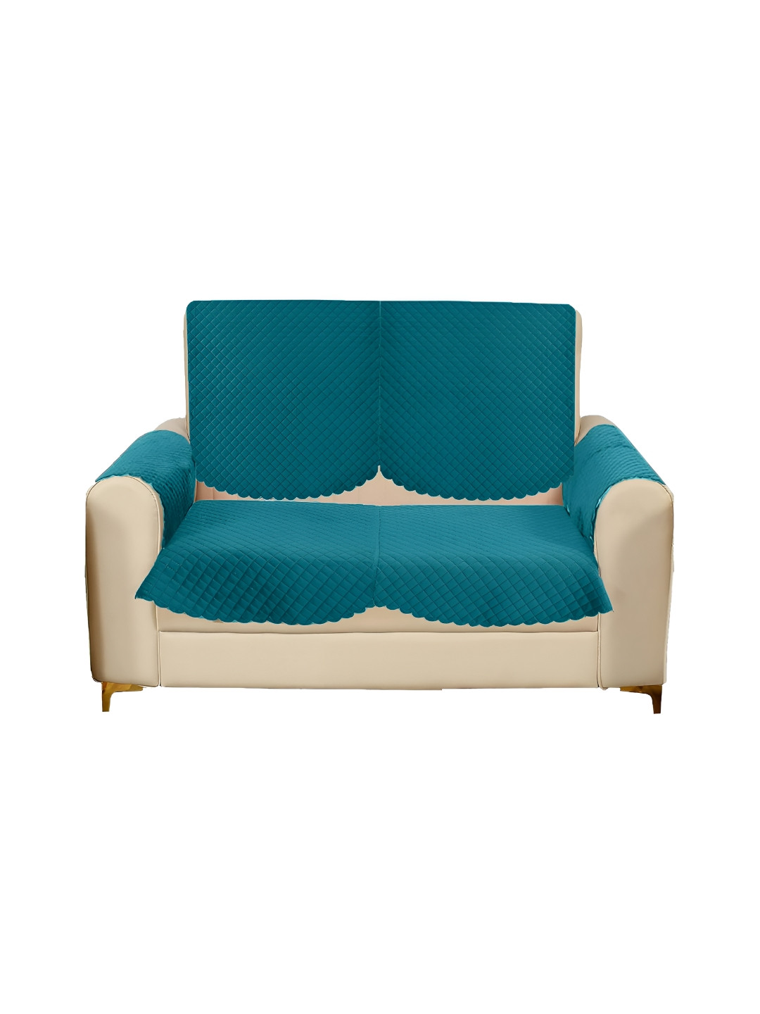 Sparrow world Turquoise Blue 4 Pieces Velvet 2 Seater Sofa Cover With Arms