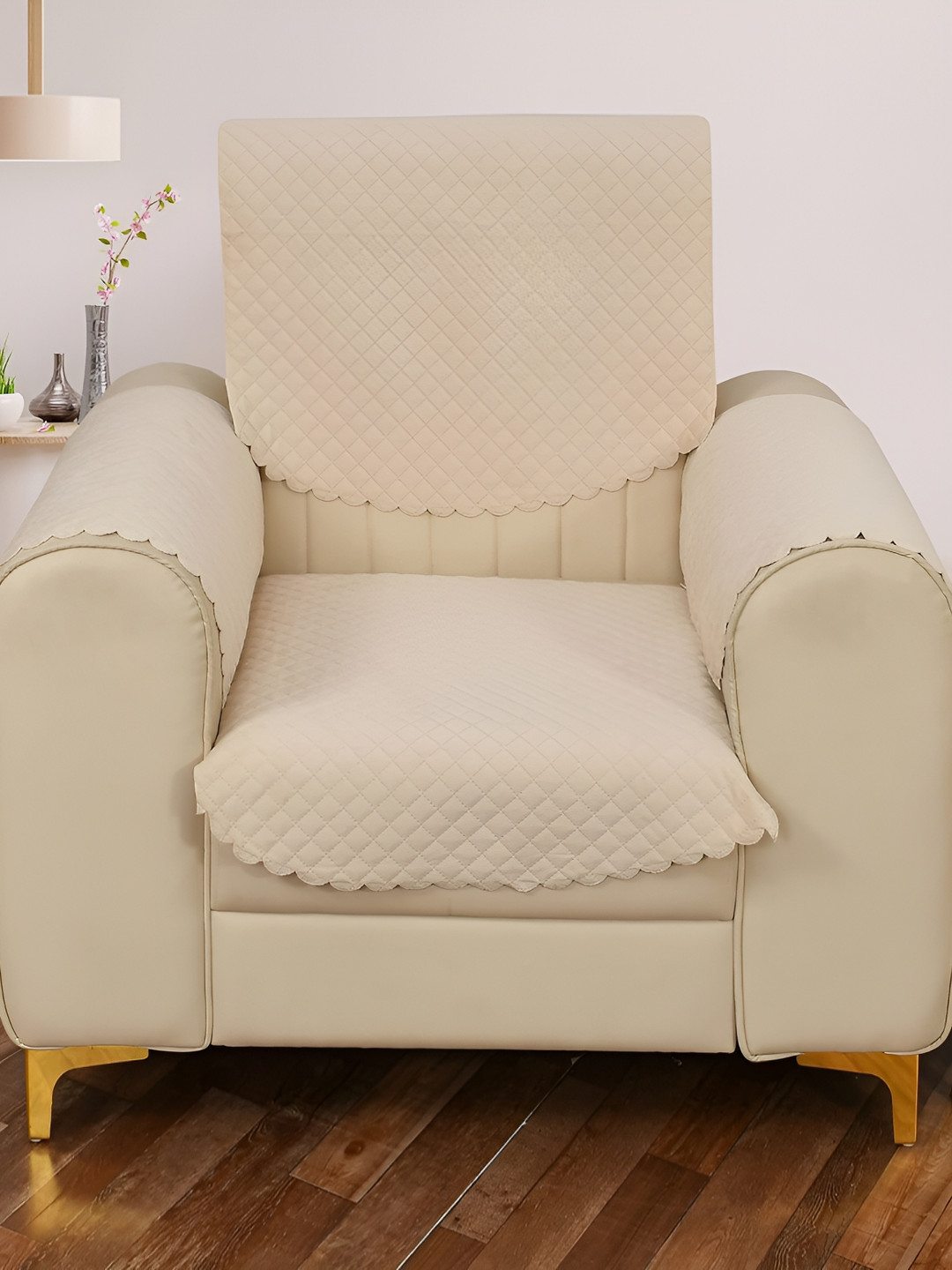 Sparrow world Beige 4 Pieces Quilted Velvet 1 Seater Sofa Cover With Arms