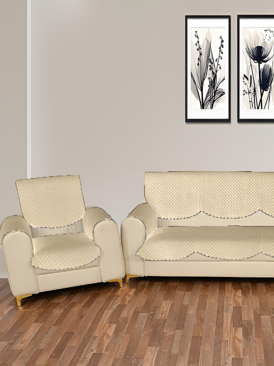 Sparrow world 6 Pcs Beige Quilted Velvet 5-Seater Sofa Cover With Arms