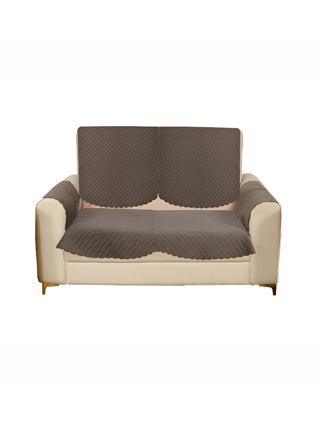 Sparrow world Camel Brown 4 Pieces Quilted Velvet 2 Seater Sofa Cover With Arms