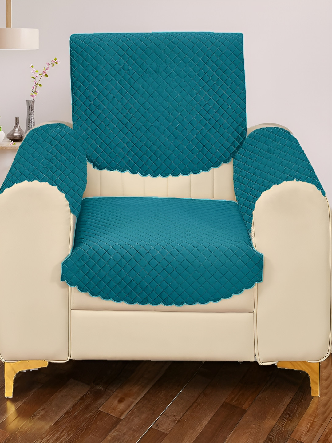 Sparrow world Turquoise Blue 4 Pieces Velvet 1 Seater Sofa Covers With Arms