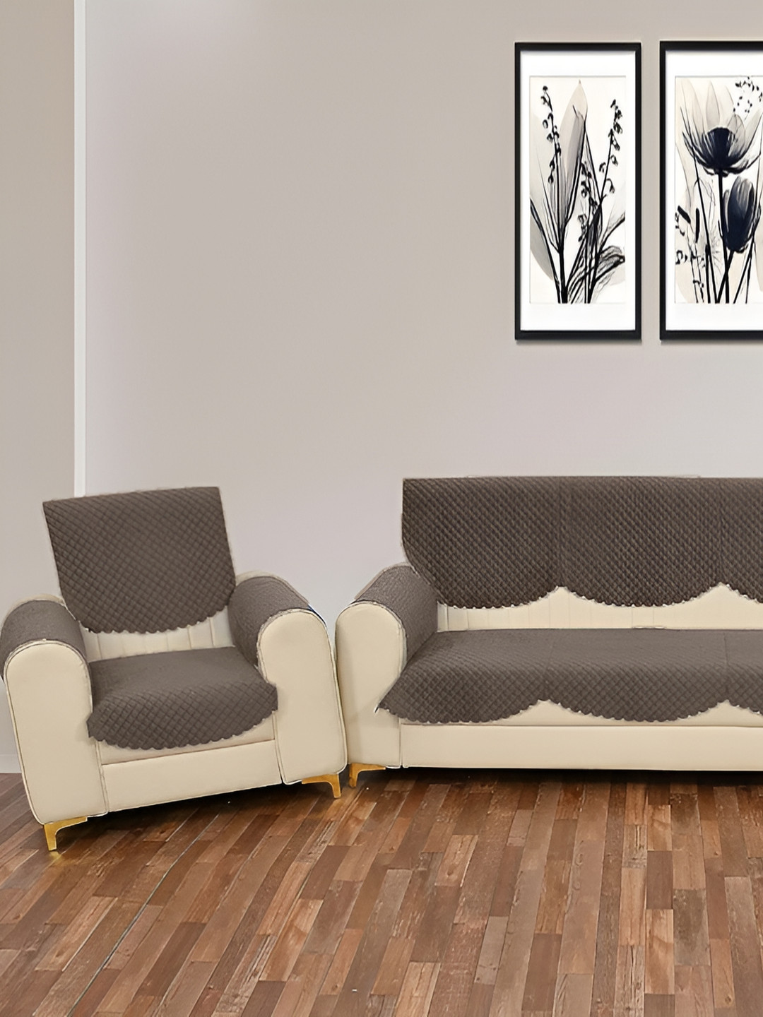 Sparrow world Camel Brown 10 Pieces Velvet 5 Seater Sofa Cover With Arms