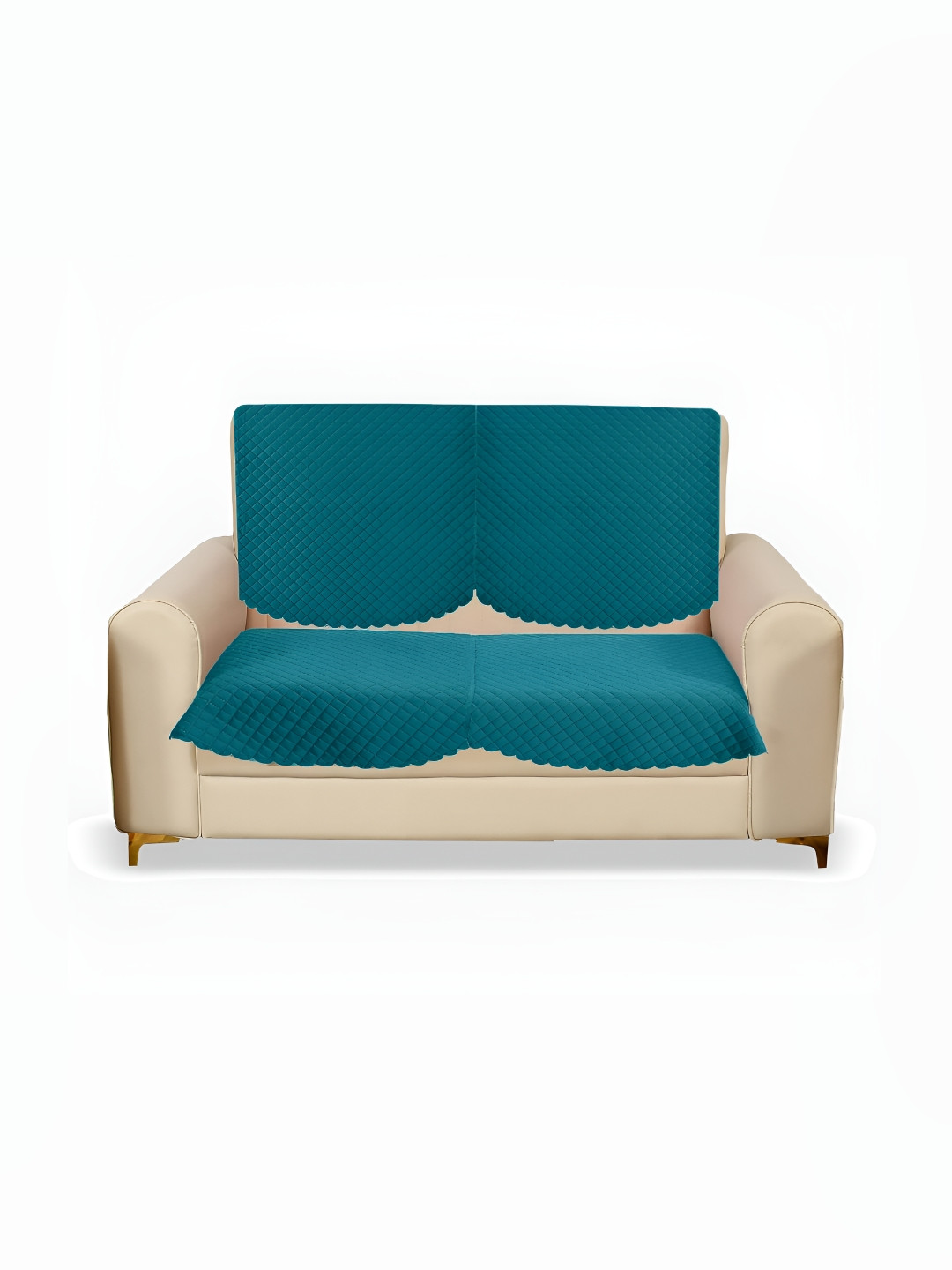 Sparrow world Teal Blue 2 Pieces Quilted Velvet 2 Seater Sofa Cover