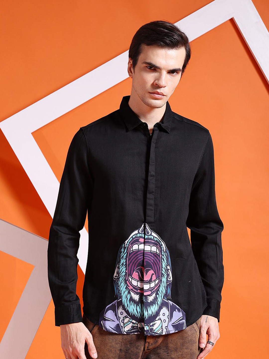The Indian Garage Co Black Slim Fit Graphic Printed Spread Collar Cotton Casual Shirt