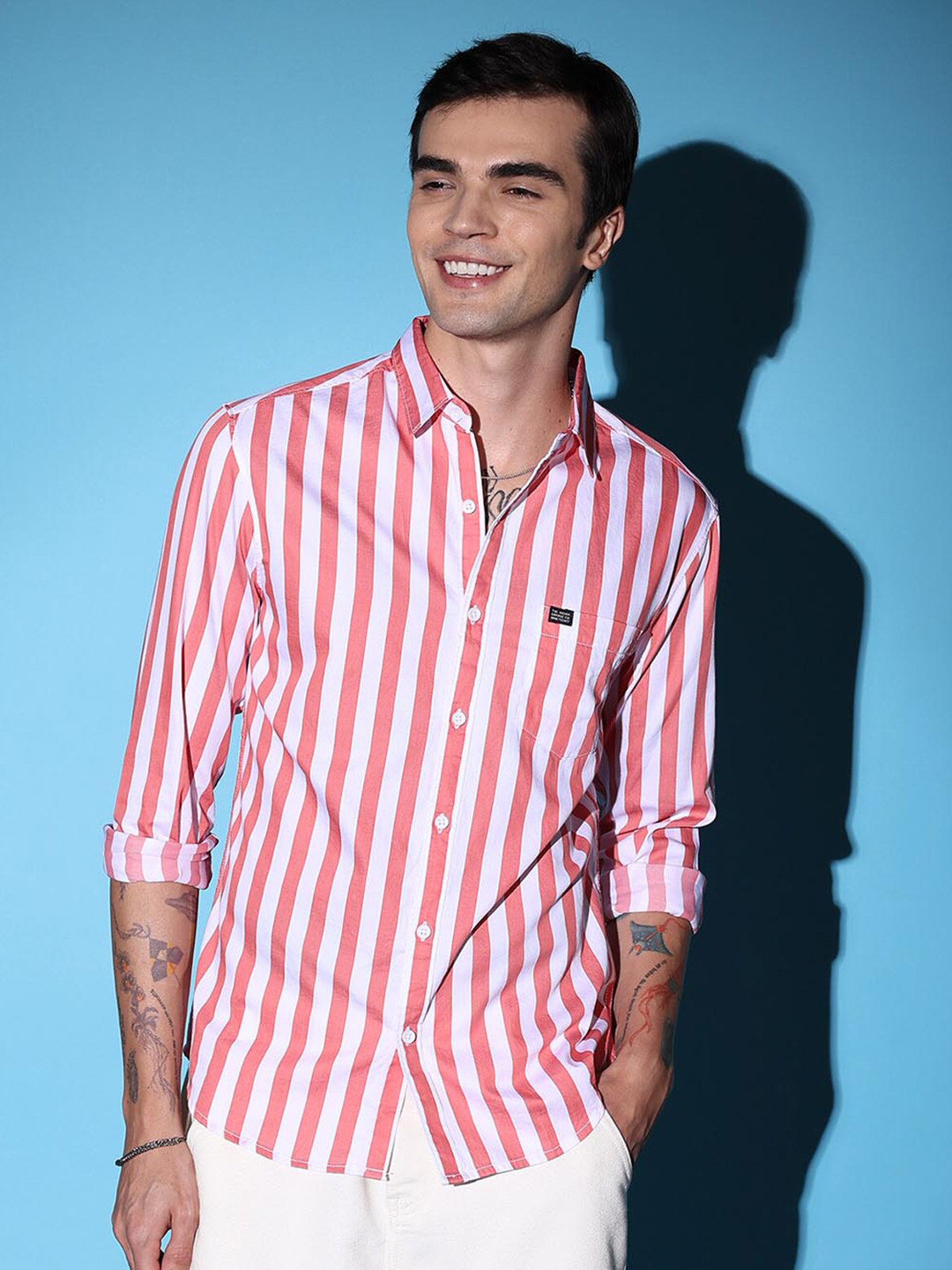 The Indian Garage Co Pink Slim Fit Vertical Striped Spread Collar Casual Shirt
