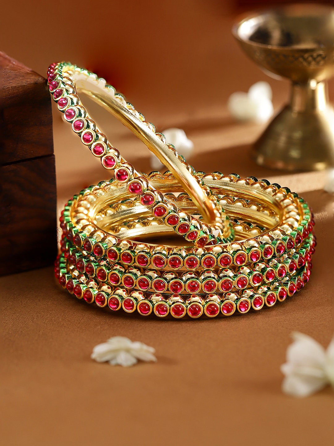 Rubans Set of 4 22K Gold Plated Green Enamelled and Ruby Kundan Stone Studded Bangles