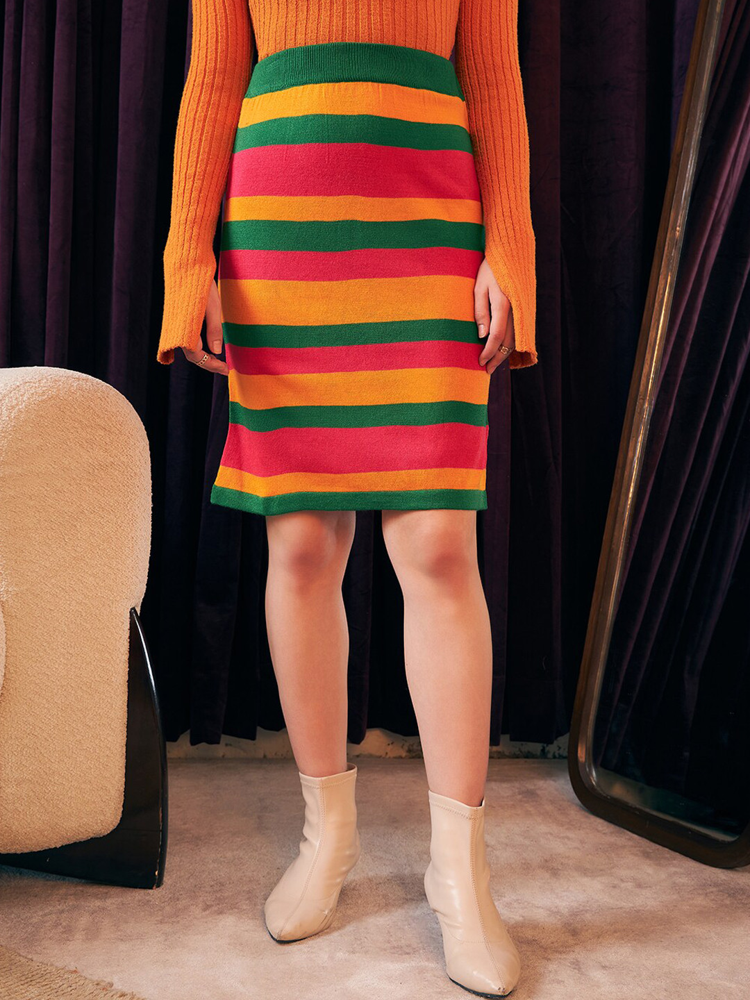 Berrylush Brown, Green & Yellow Colourblocked Acrylic Pencil Skirt