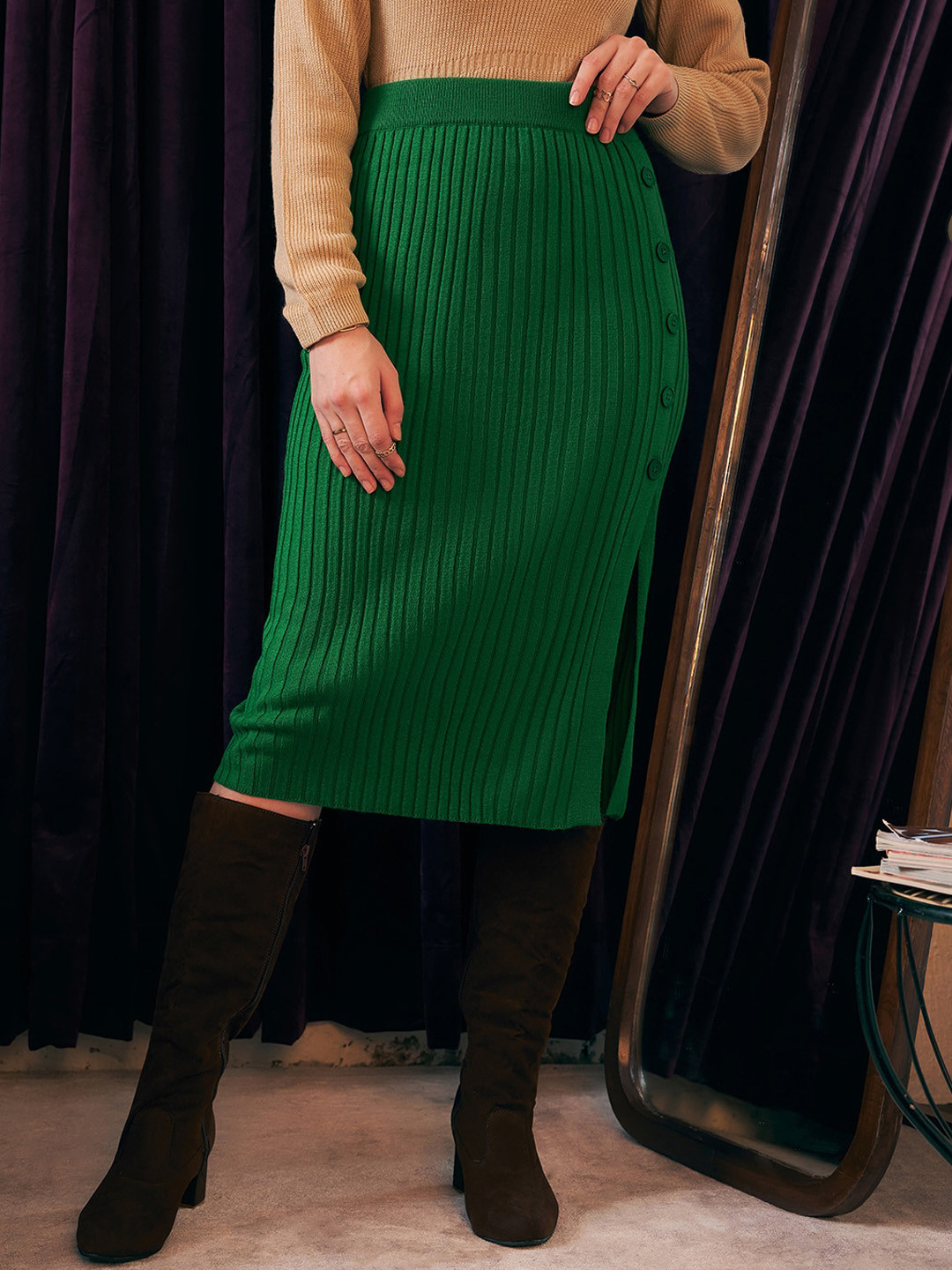 Berrylush Green Ribbed Side-Slit Pencil Midi Skirt