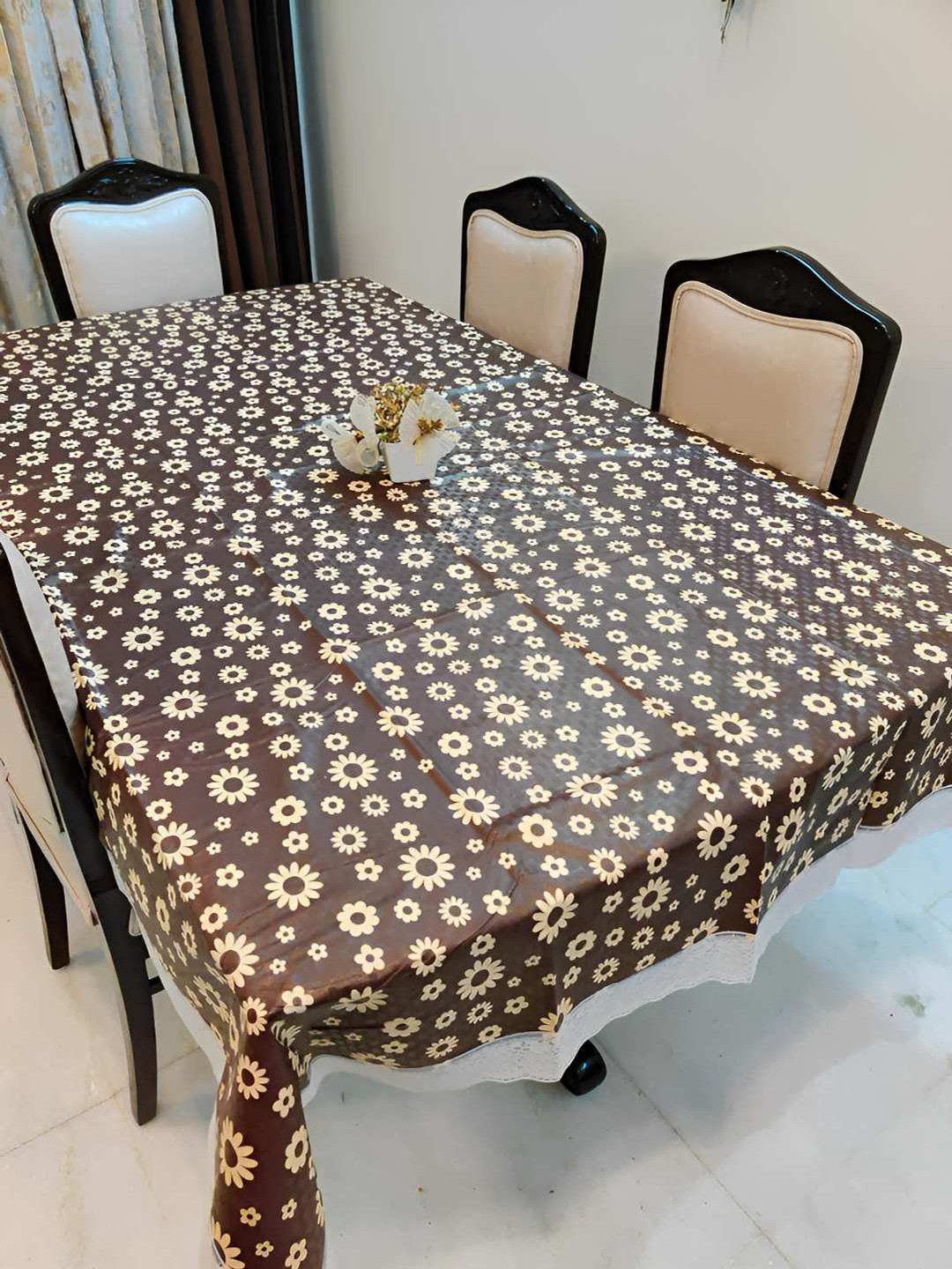 CASA-NEST Brown & Beige Floral Printed PVC Plastic 4-Seater Table Cover
