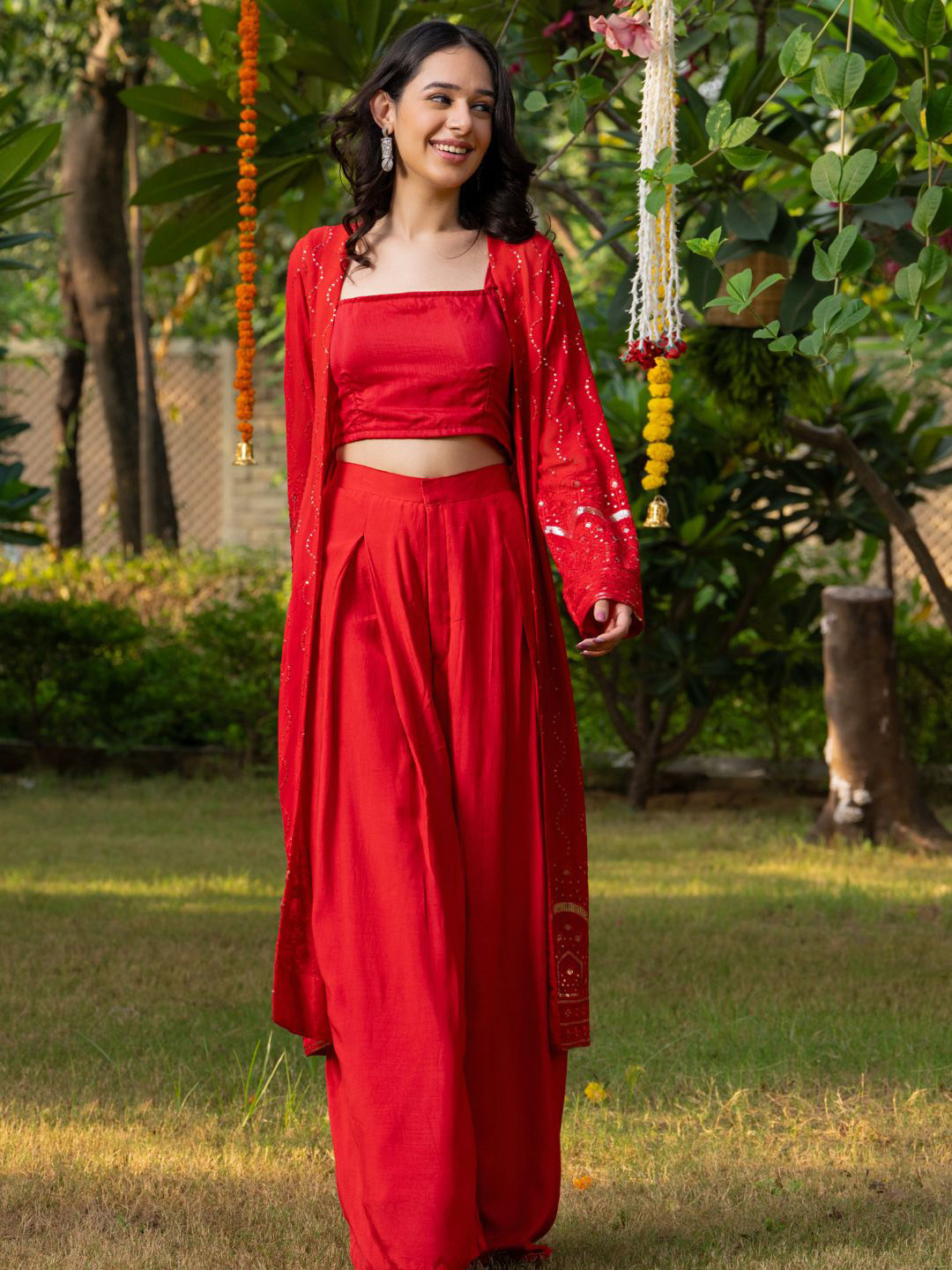 HOUSE OF JAMOTI Square Neck Top & Flared Palazzo With Shrug