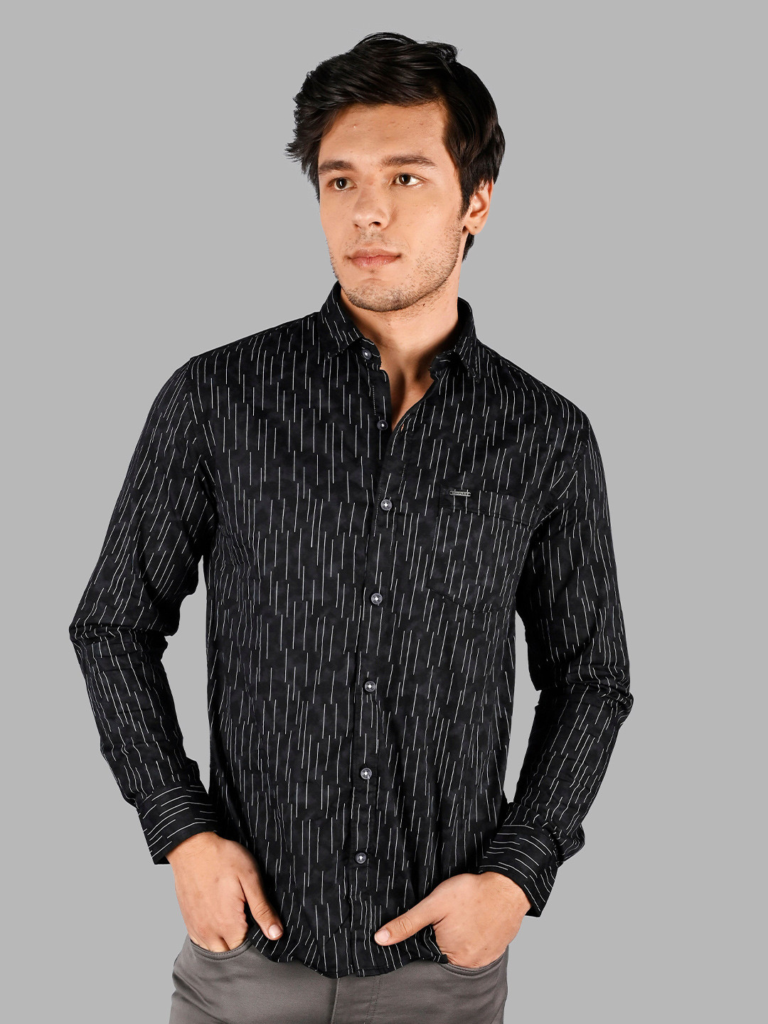 TIM PARIS Comfort Geometric Printed Spread Collar Long Sleeve Cotton Pocket Casual Shirt