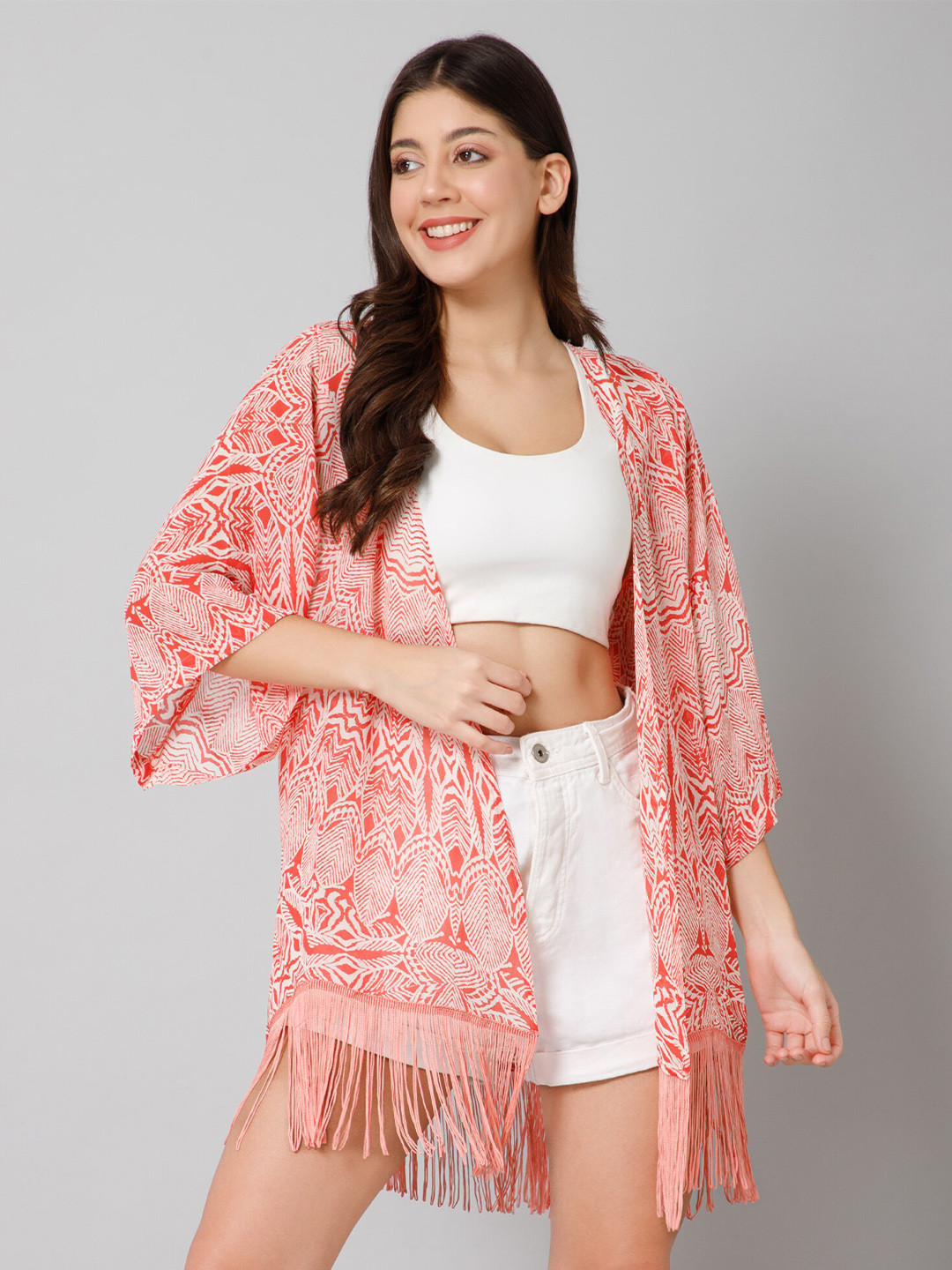 PURYS Ethnic Motifs Printed Tasselled Open Front Shrug
