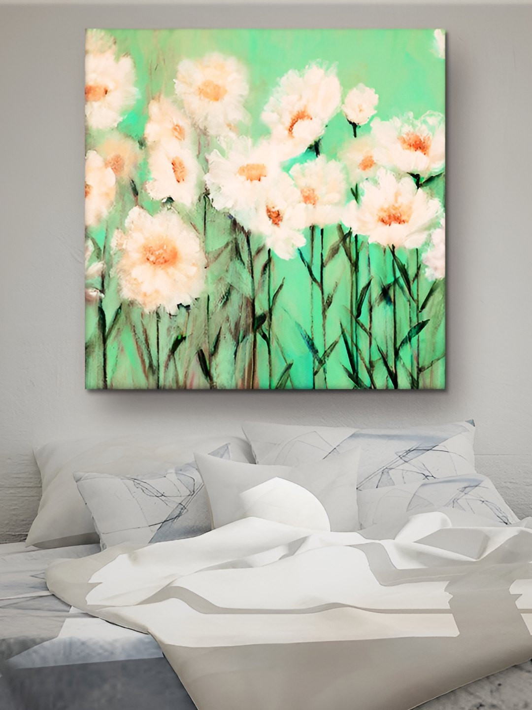 Casperme Green & White Canvas Framed Floral and Botanical Painting Wall Art