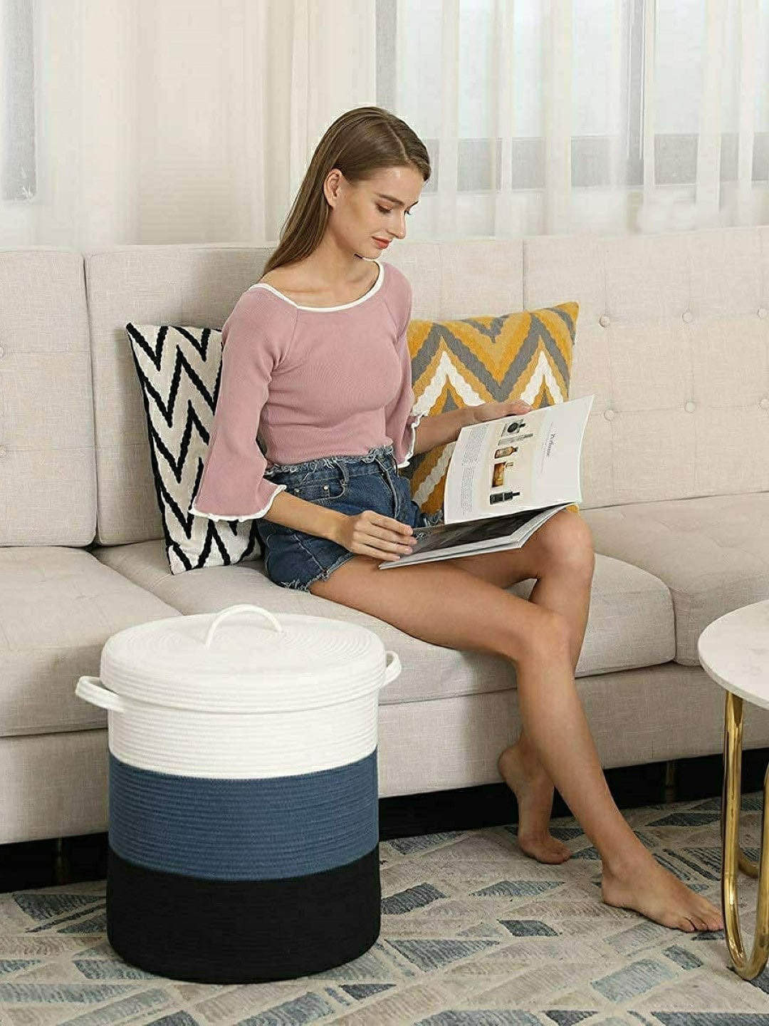 Textile and Beyond White & Grey Color Blocked Laundry Basket With Lid