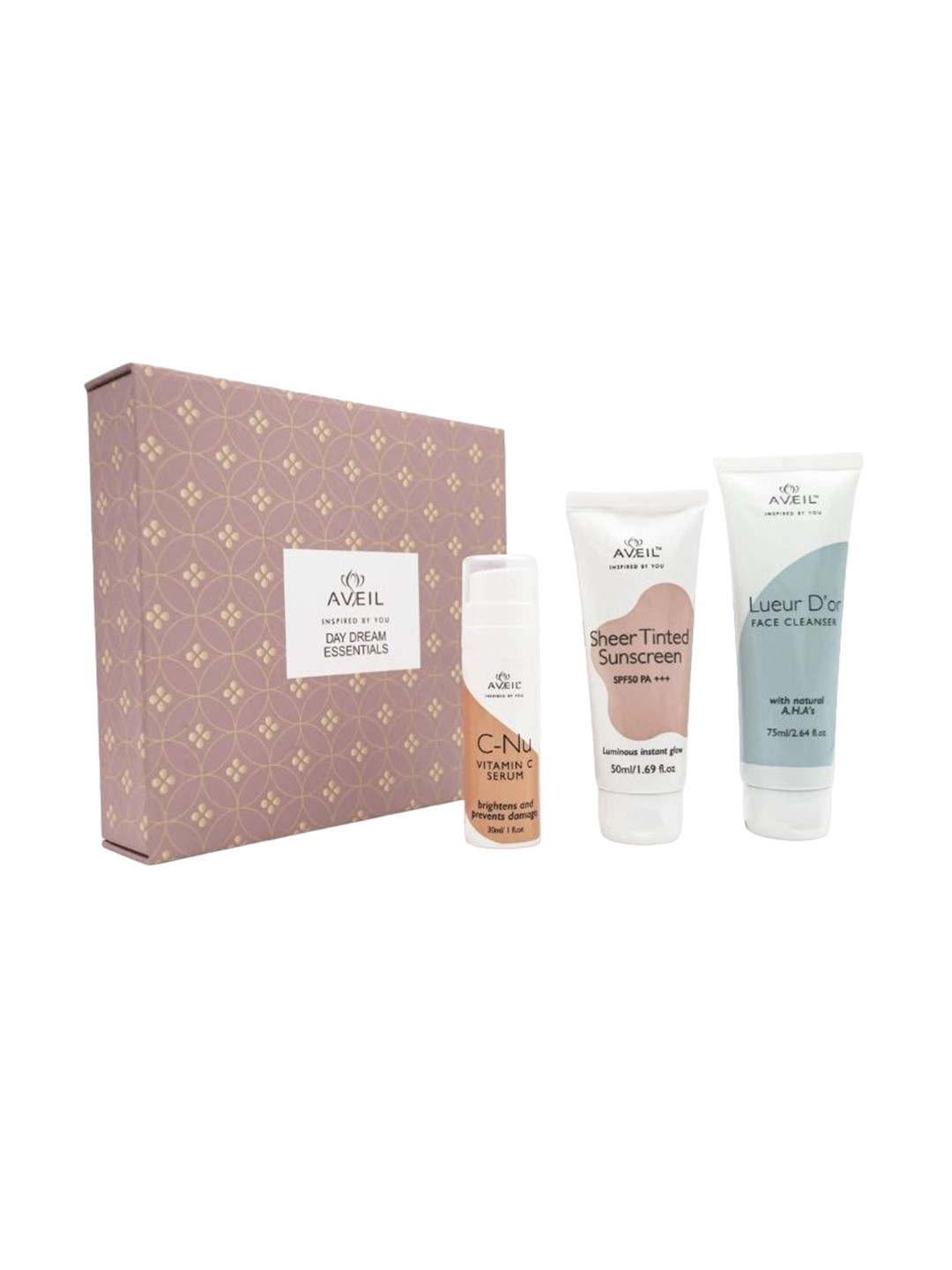 AVEIL Set Of 3 Sheer Tinted Sunscreen-C-Nu Vitamin C Serum-Face Cleanser