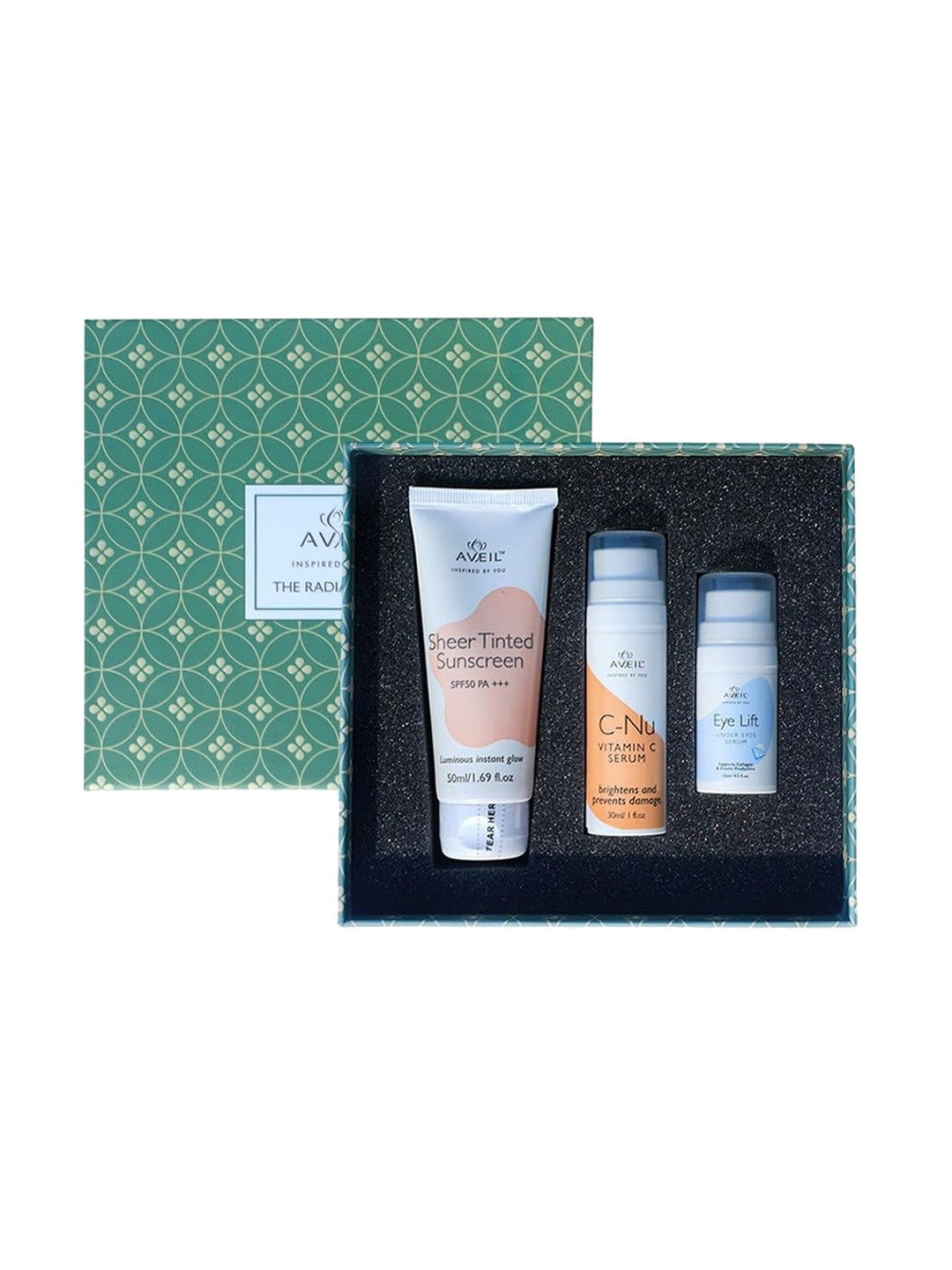 AVEIL 3-Pcs Sheer Tinted Sunscreen- C-NU Vitamin C Serum & Eye Lift Gift Set