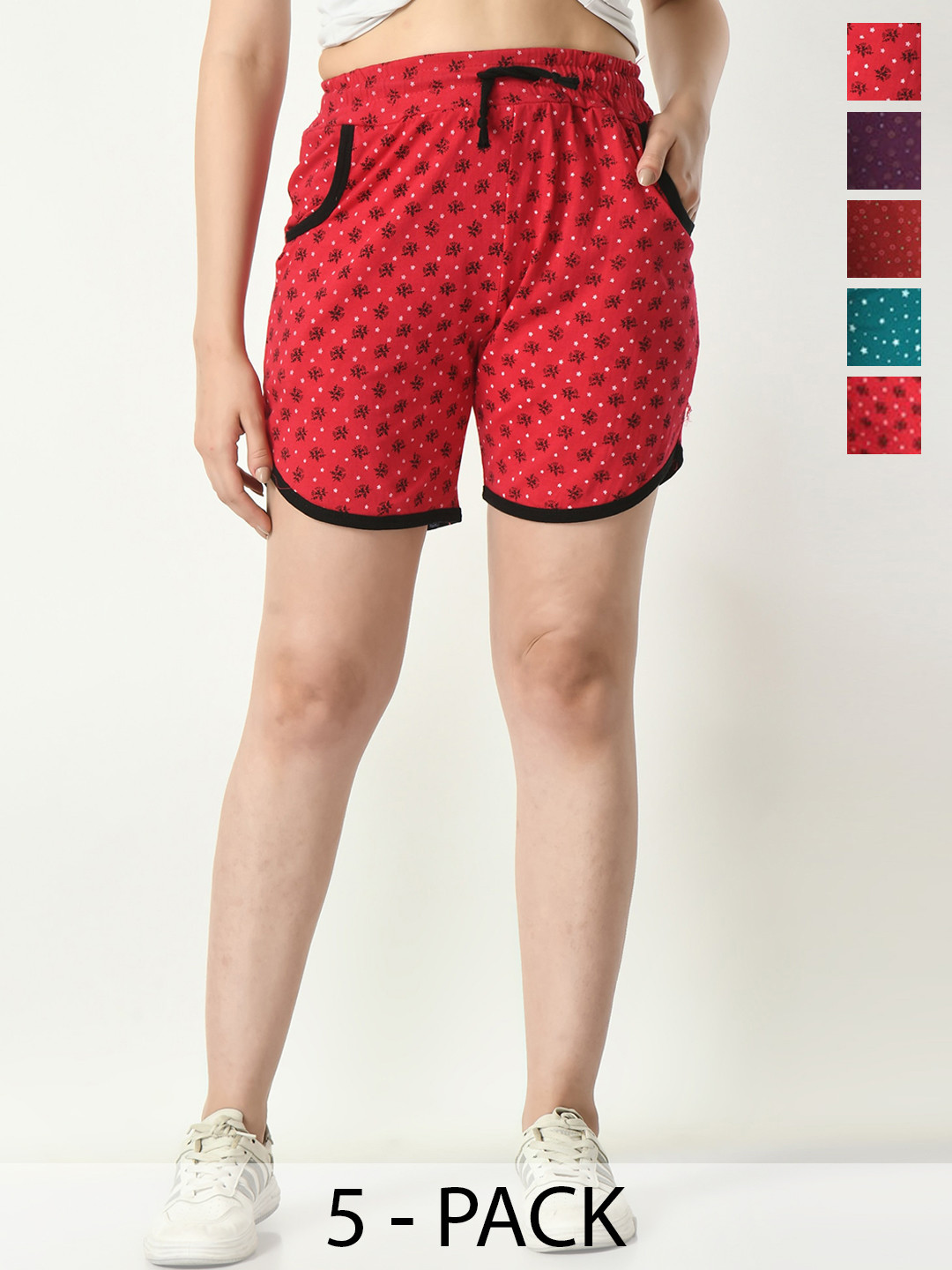 BAESD Women Pack Of 5 Conversational Printed High-Rise Cotton Hot Pants Shorts