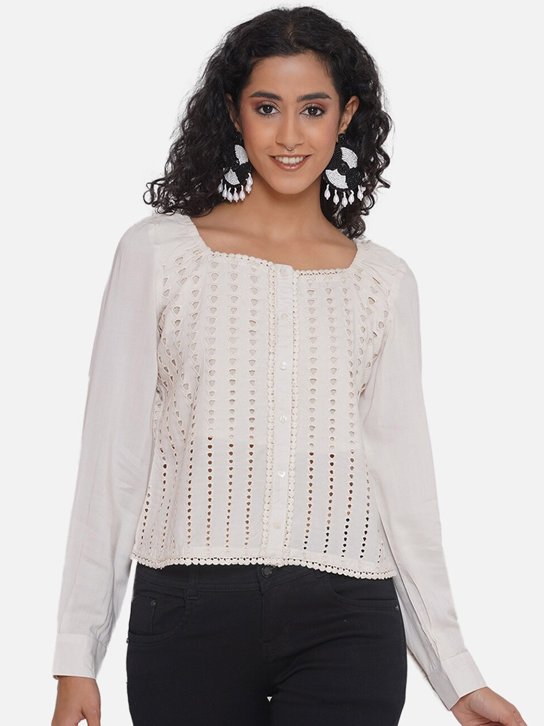 bellamia Self Design Schiffli Square Neck Regular Top