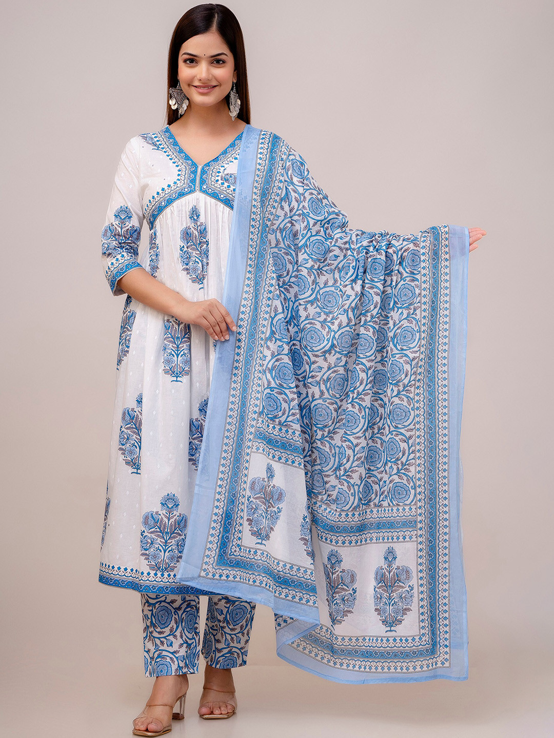 Anouk White Floral Yoke Design Mirror Work Pure Cotton A-Line Kurta with Trouser & Dupatta