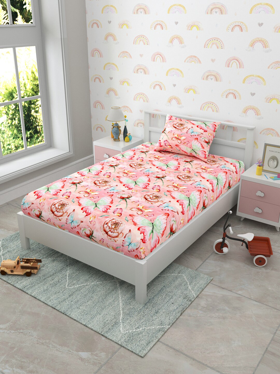 EverHOME Peach Graphic Cotton 160 TC Single Bedsheet with a Pillow Cover-59 x 87 inches