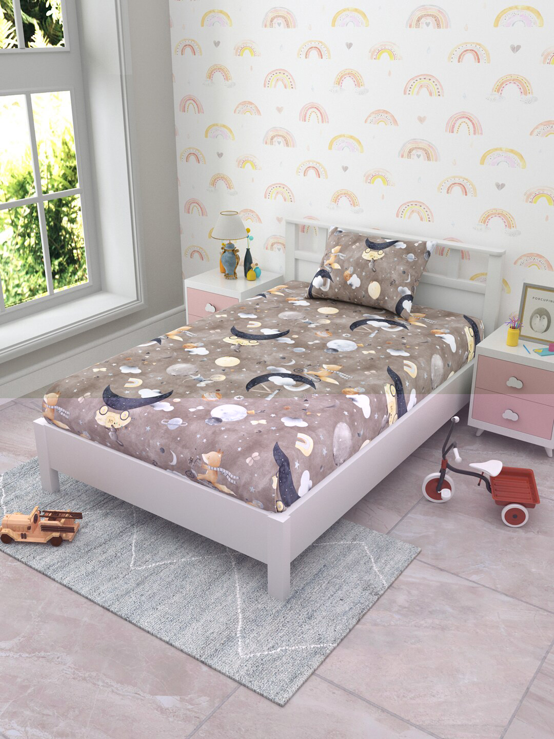 EverHOME Brown Cartoon Characters Cotton 160 TC Single Bedsheet with 1 Pillow Covers