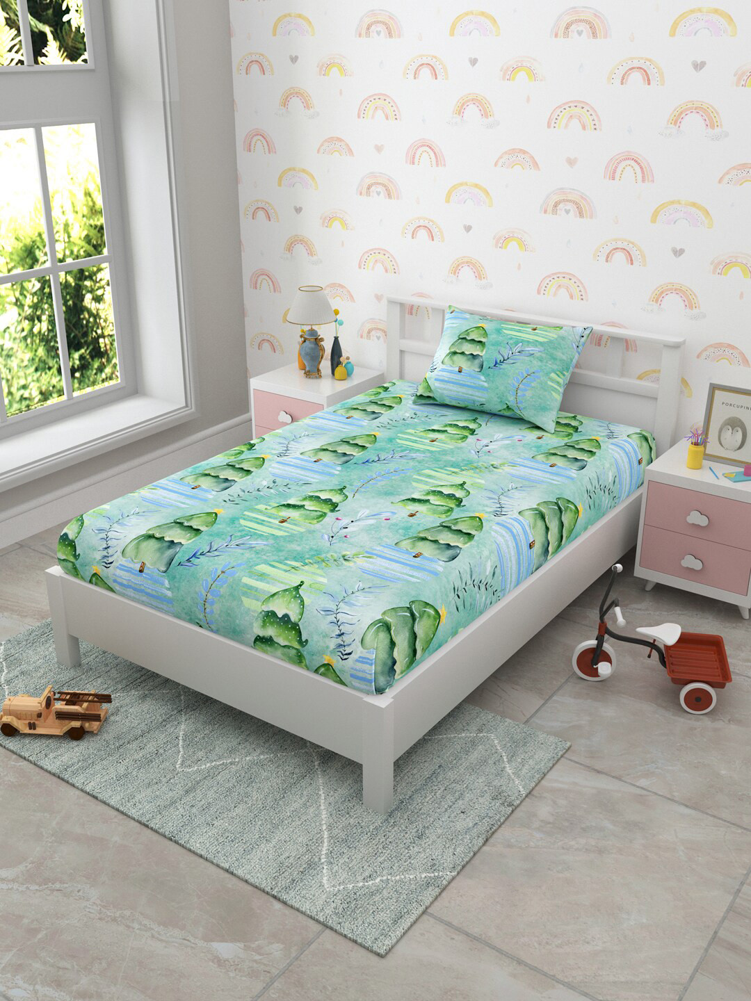 EverHOME Kids Green Leaf Cotton 160 TC Single Bedsheet with a Pillow Cover-59 x 88 inches