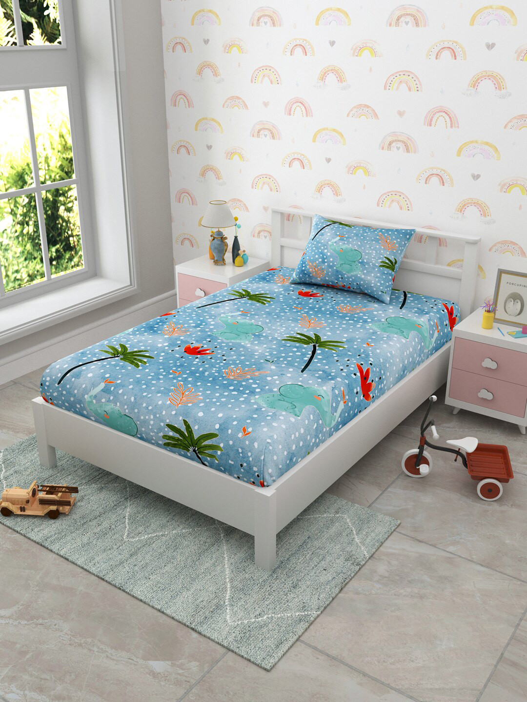 EverHOME Blue Leaf Cotton 160 TC Single Bedsheet with a Pillow Cover-59 x 88 inches