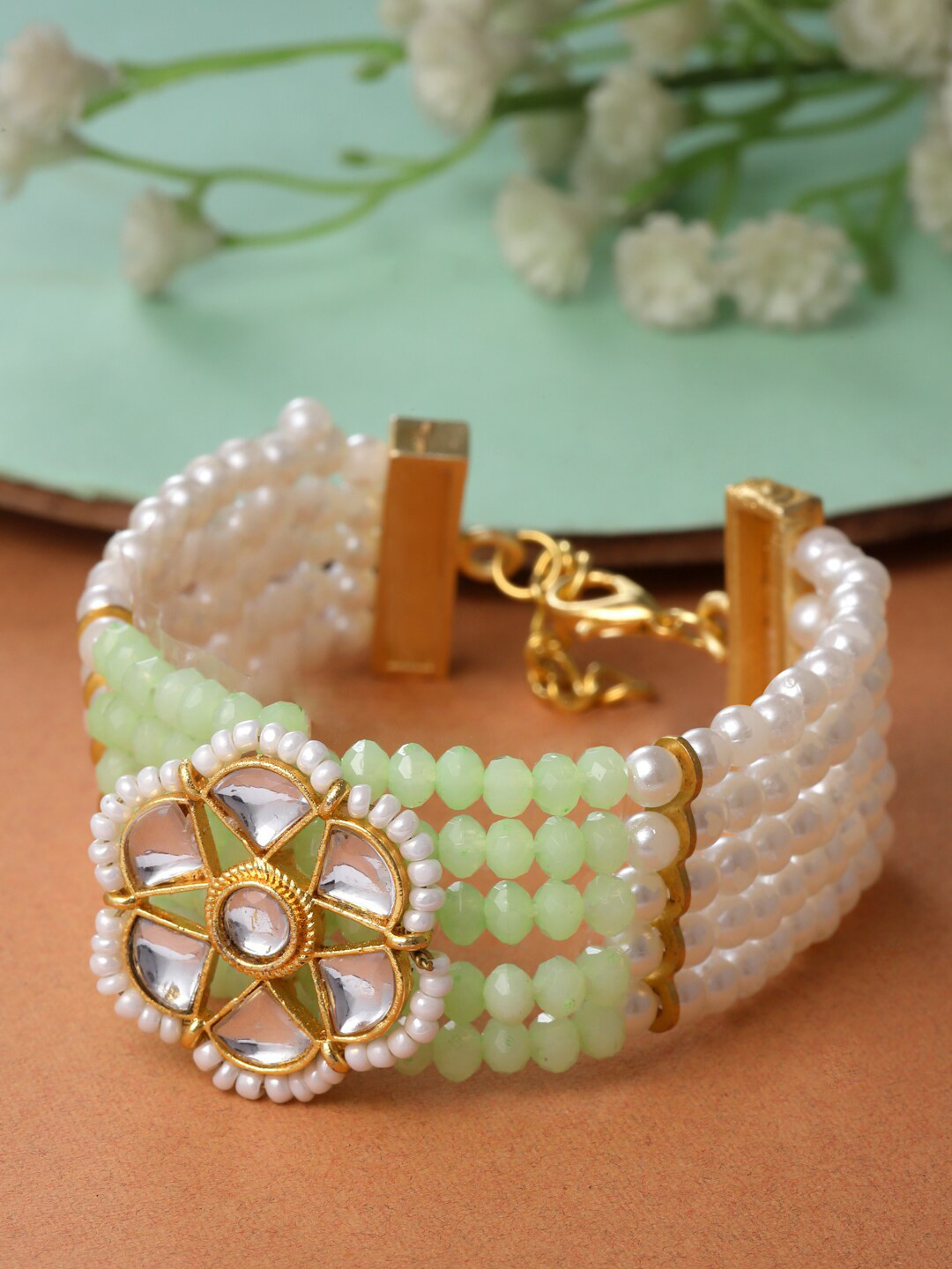 Sanjog Gold-Plated Pearl & Kundan AD Studded Green Multistrand Bracelets