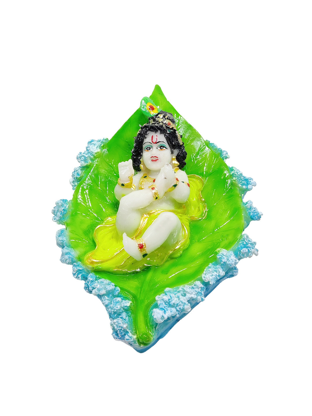 GLOOKS Baal Krishna on Leaf Green Polyresin Matte Prayer Room Medium Showpiece - 8.5 Inches