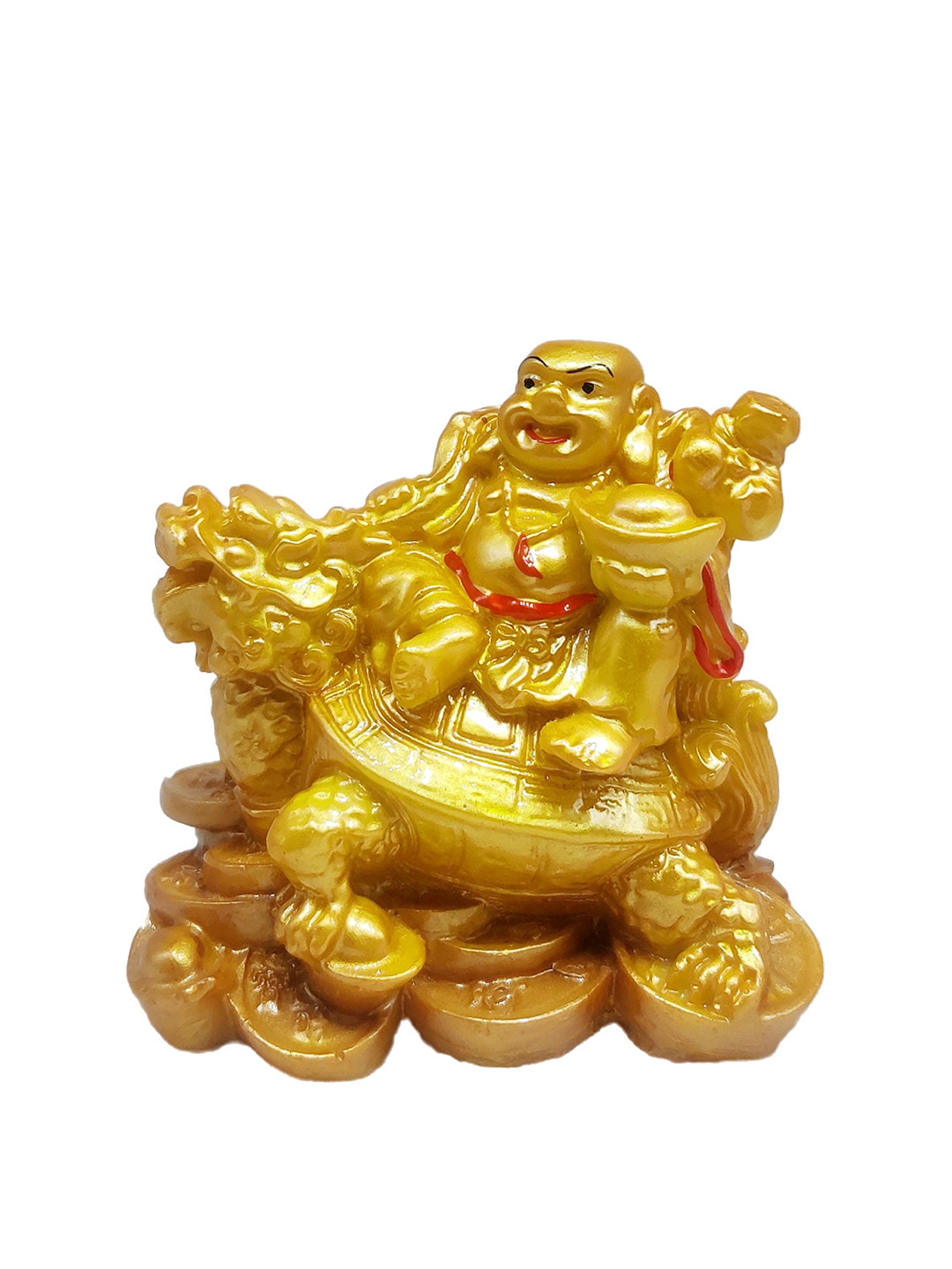 GLOOKS Vastu Feng Shui Laughing Buddha on Turtle Gold Polyresin Natural Living Room Small Showpiece - 2 Inches