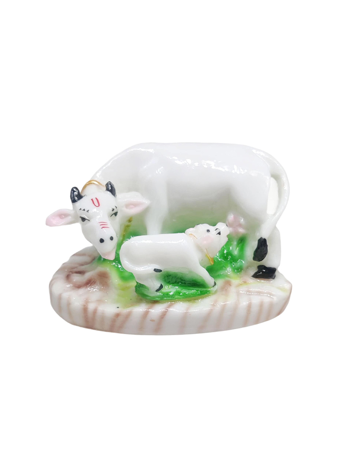 GLOOKS Kamdhenu Cow with Calf White Polyresin Glossy Prayer Room Small Showpiece - 3.1 Inches