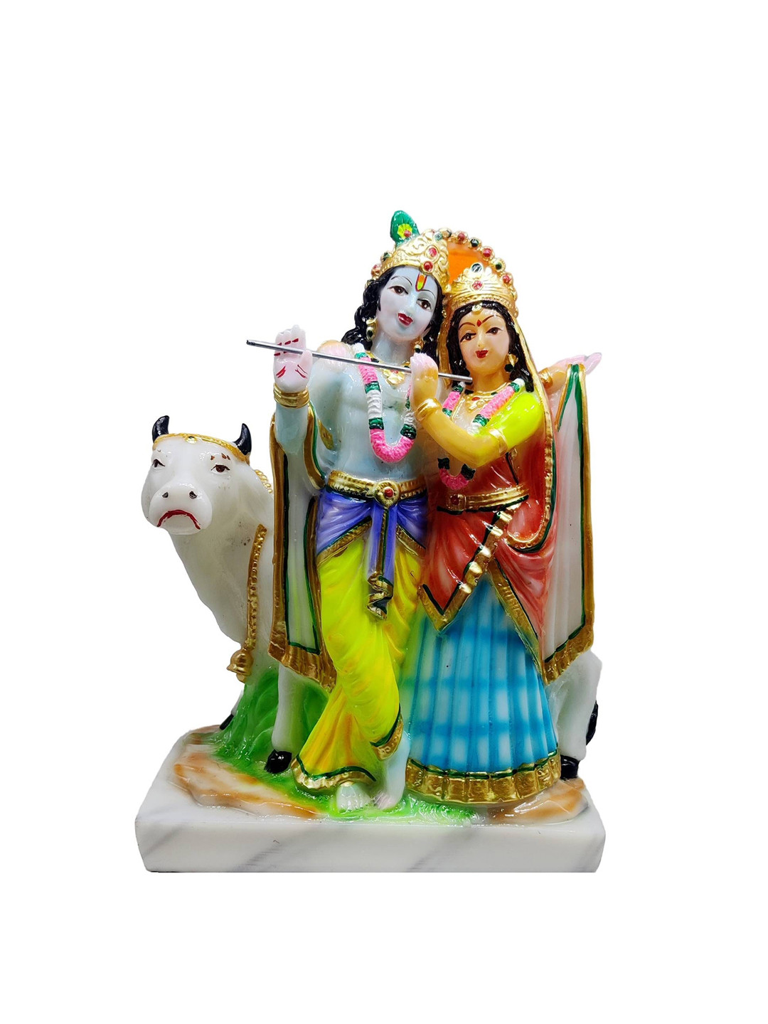 GLOOKS Radha Krishna with Cow White Marble Glossy Prayer Room Medium Showpiece - 10.2 Inches