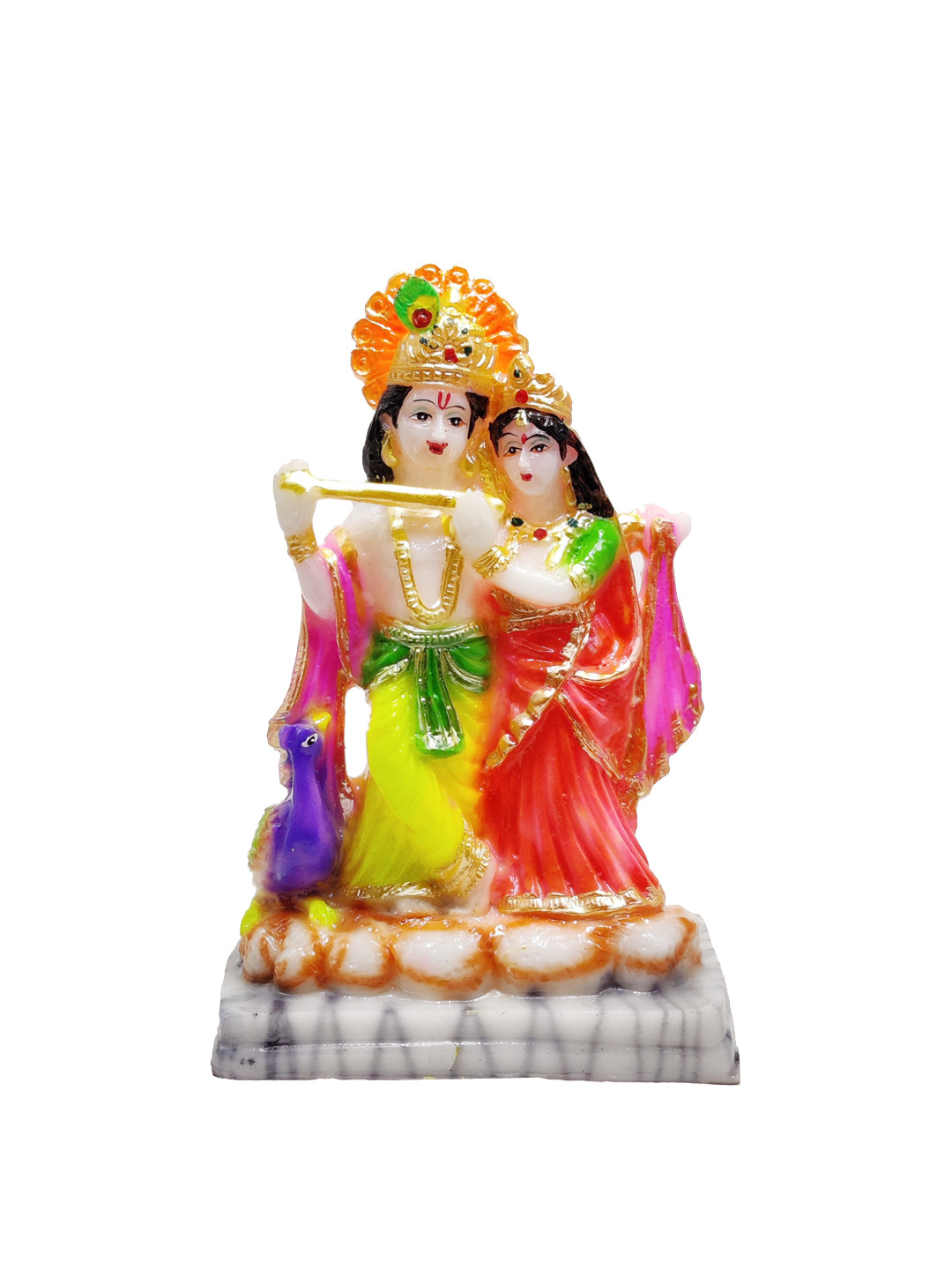 GLOOKS Radha Krishna Red Marble Natural Prayer Room Medium Showpiece - 5.1 Inches