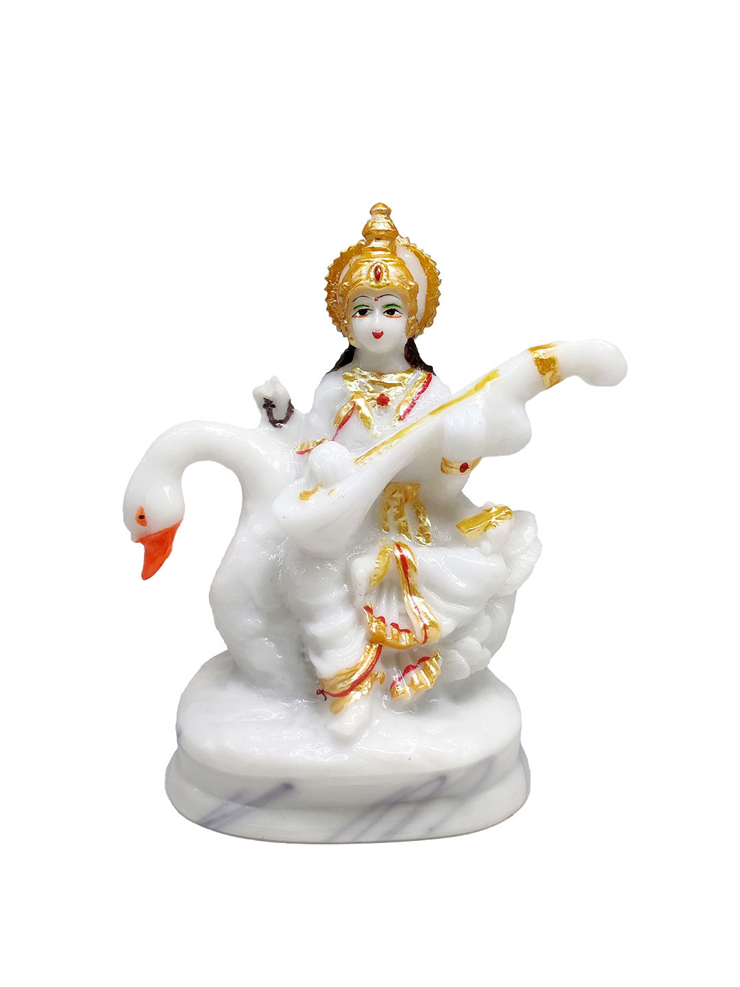 GLOOKS Saraswati Maa On Swan White Marble Glossy Prayer Room Small Showpiece - 6 Inches
