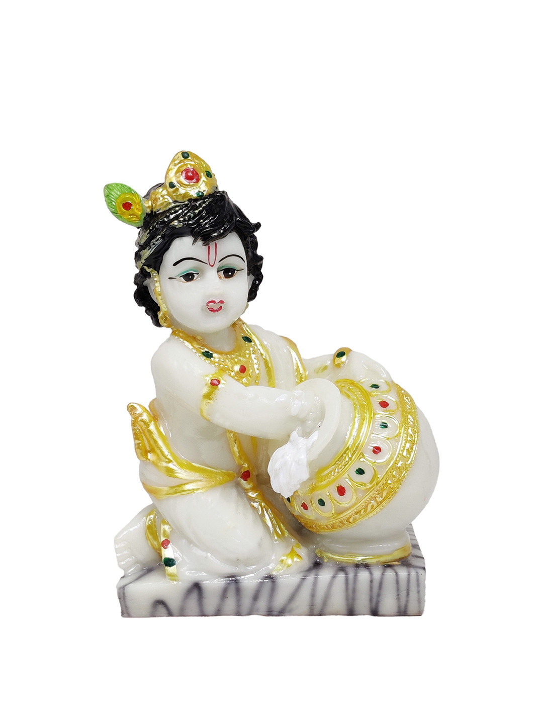 GLOOKS Makhan Chor Baal Gopal White Marble Natural Prayer Room Medium Showpiece - 6.7 Inches