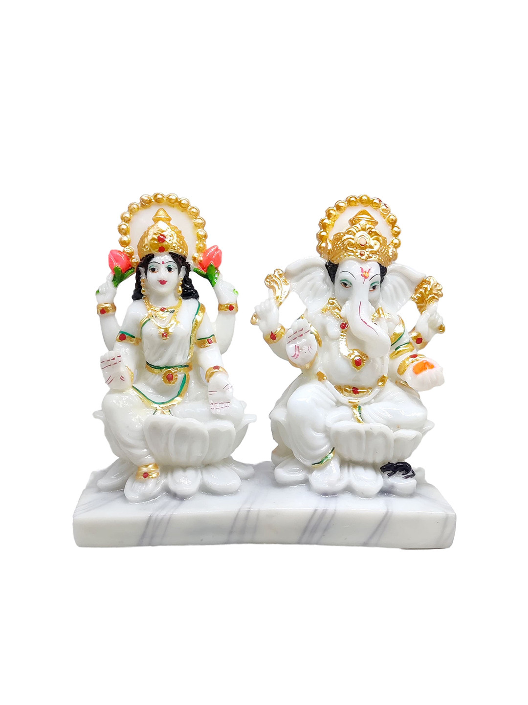GLOOKS Lakshmi Ganesha White Marble Matte Prayer Room Medium Showpiece - 3.2 Inches