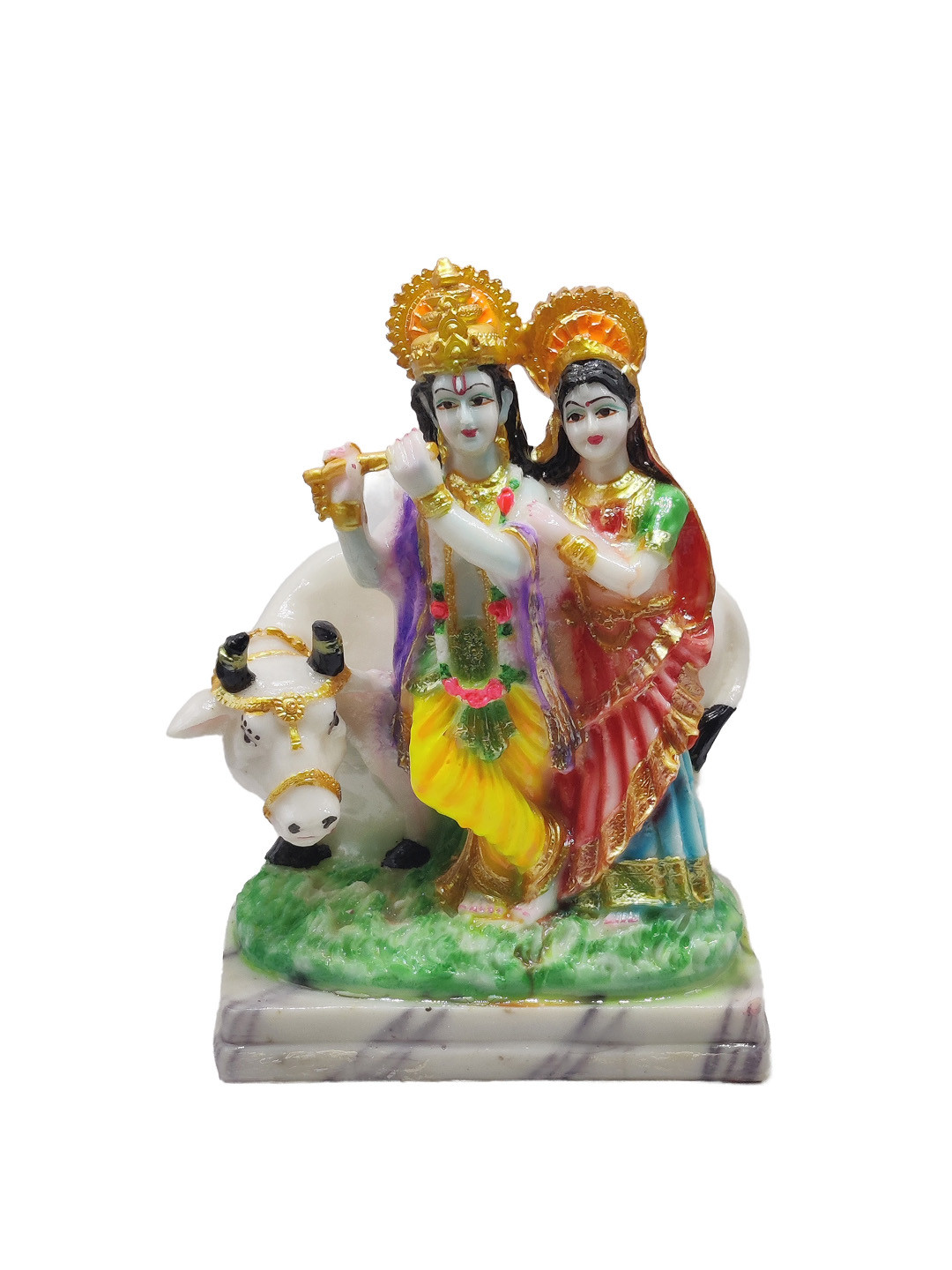 GLOOKS Radha Krishan with Cow White Marble Glossy Prayer Room Medium Showpiece - 3.5 Inches
