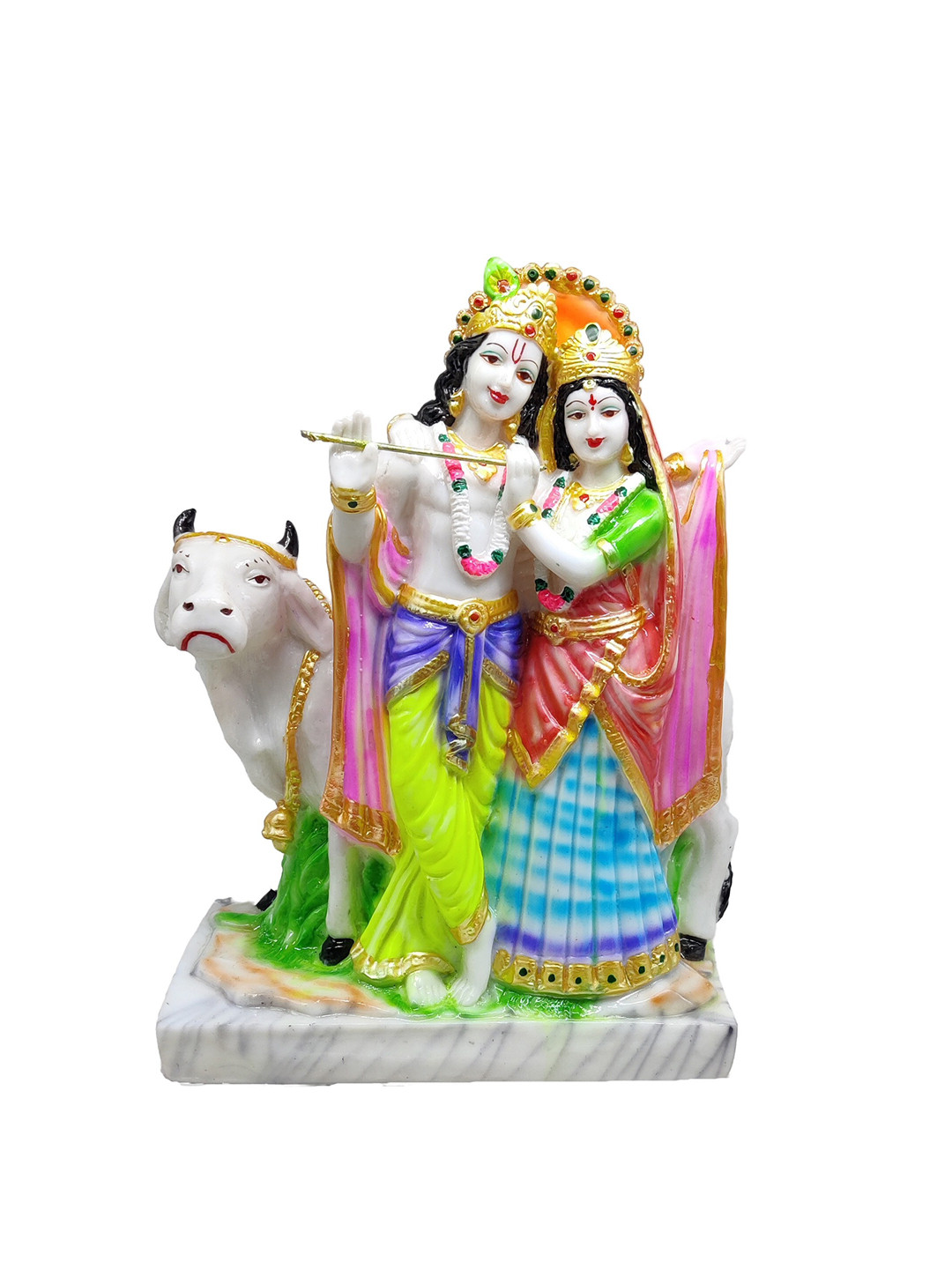 GLOOKS Radha Krishna with Cow Green Marble Matte Prayer Room Large Showpiece - 4 Inches